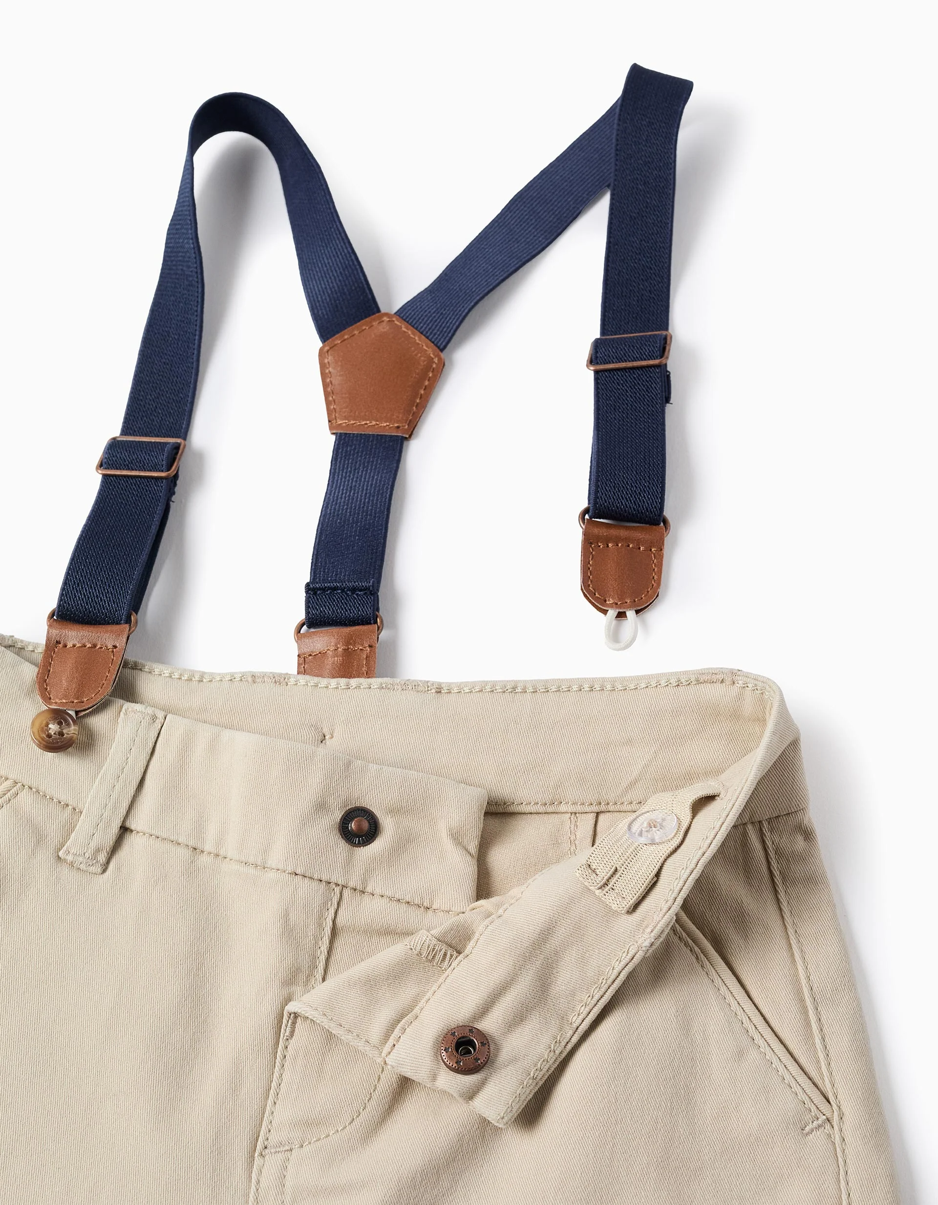 Midi twill shorts with removable braces for baby boys, light beige - Image 3