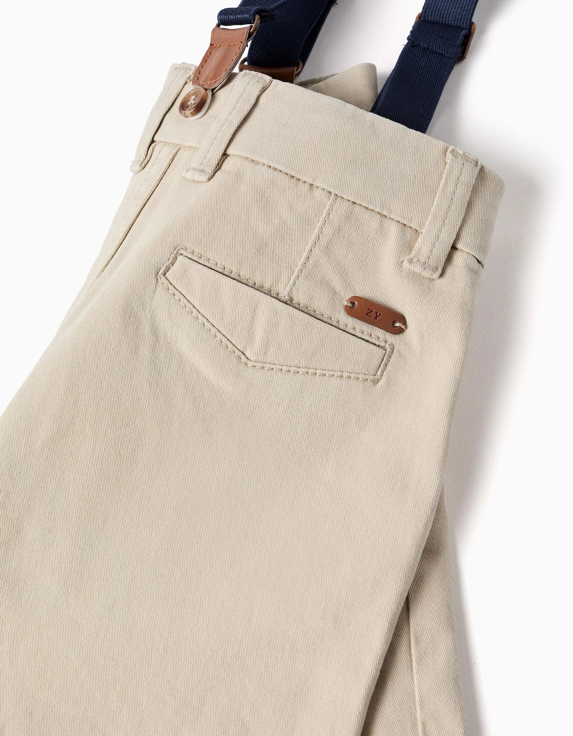 Midi twill shorts with removable braces for baby boys, light beige - Image 4
