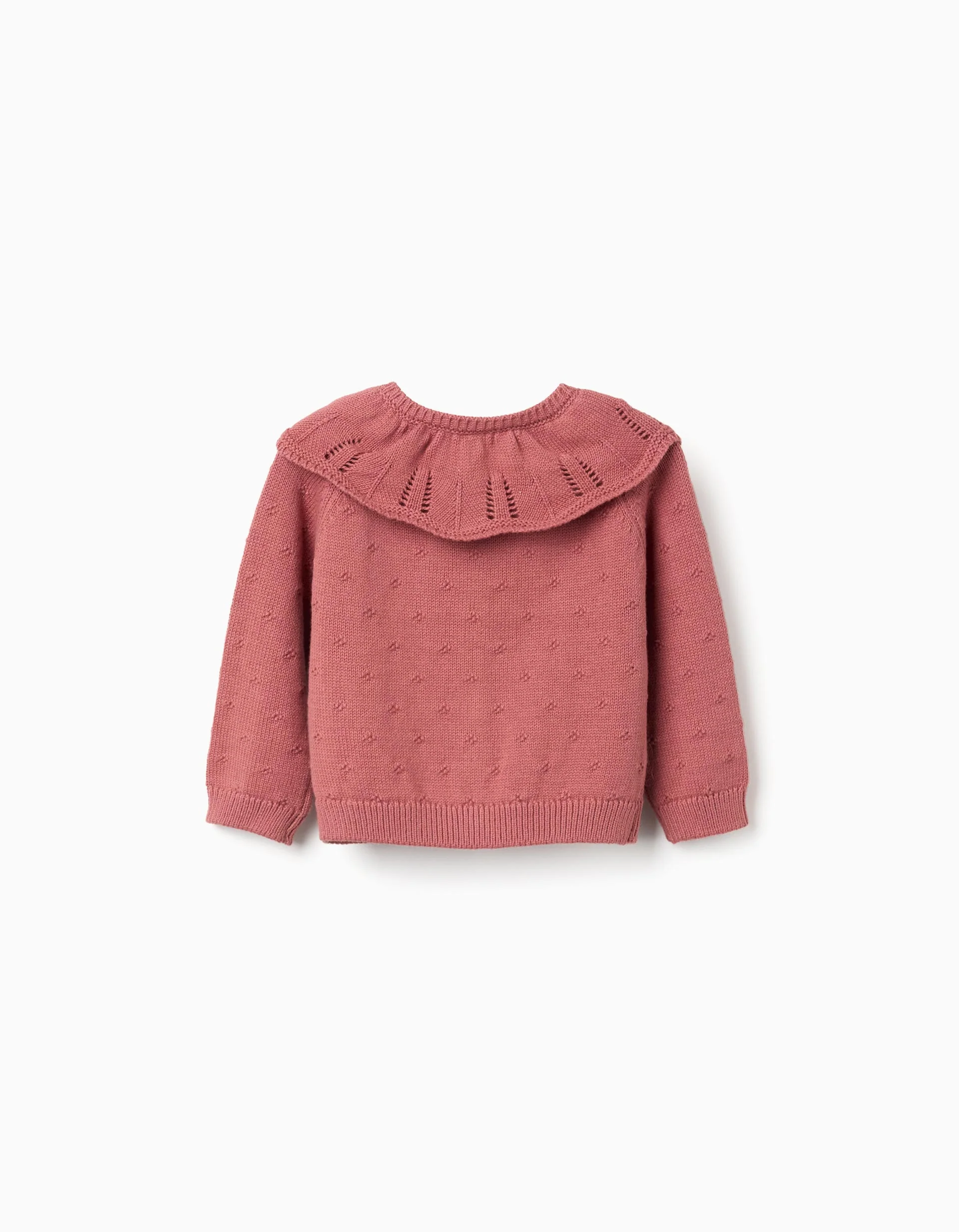 Openwork cotton knit jacket with ruffle collar for baby girls, pink - Image 2