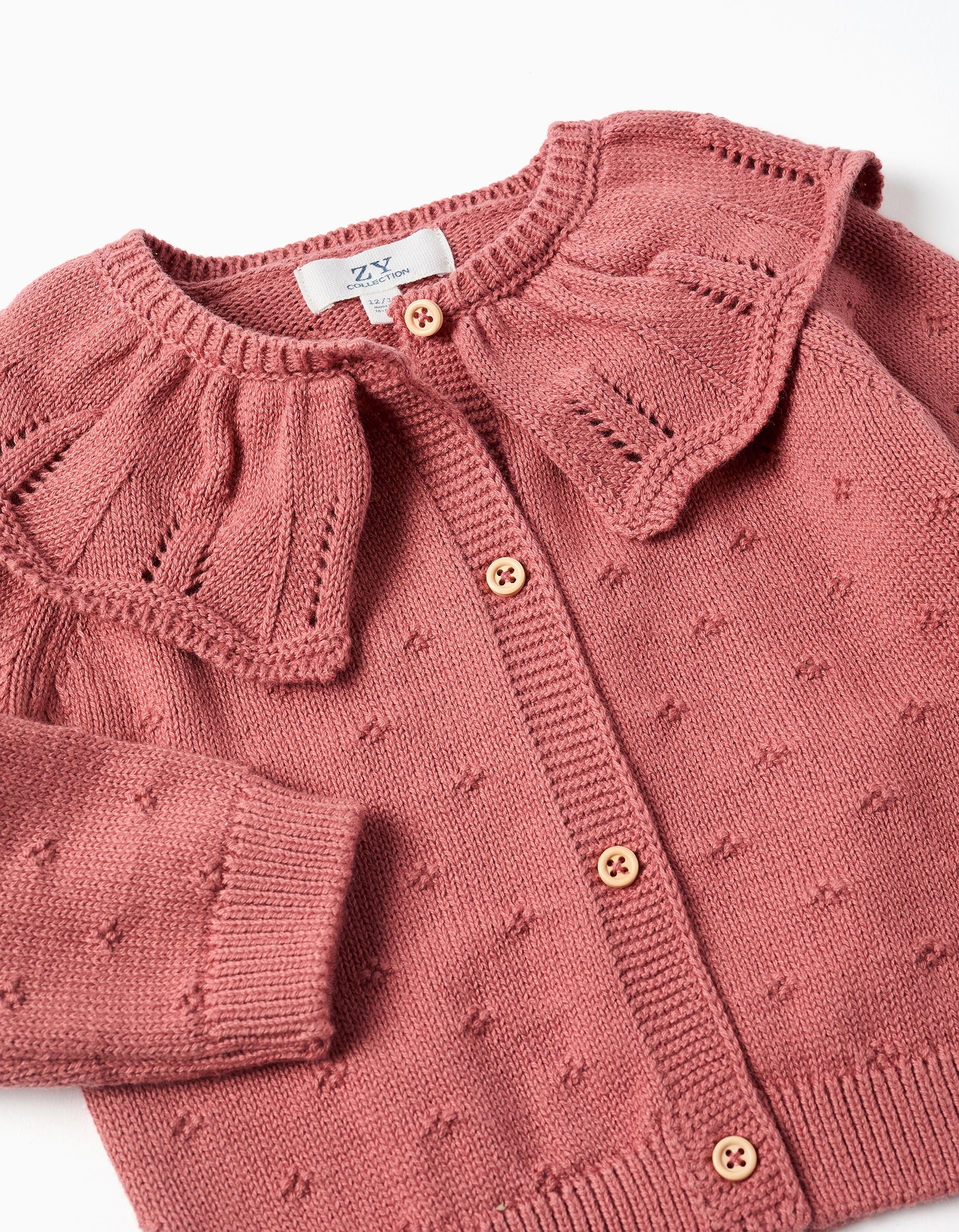 Openwork cotton knit jacket with ruffle collar for baby girls, pink - Image 3