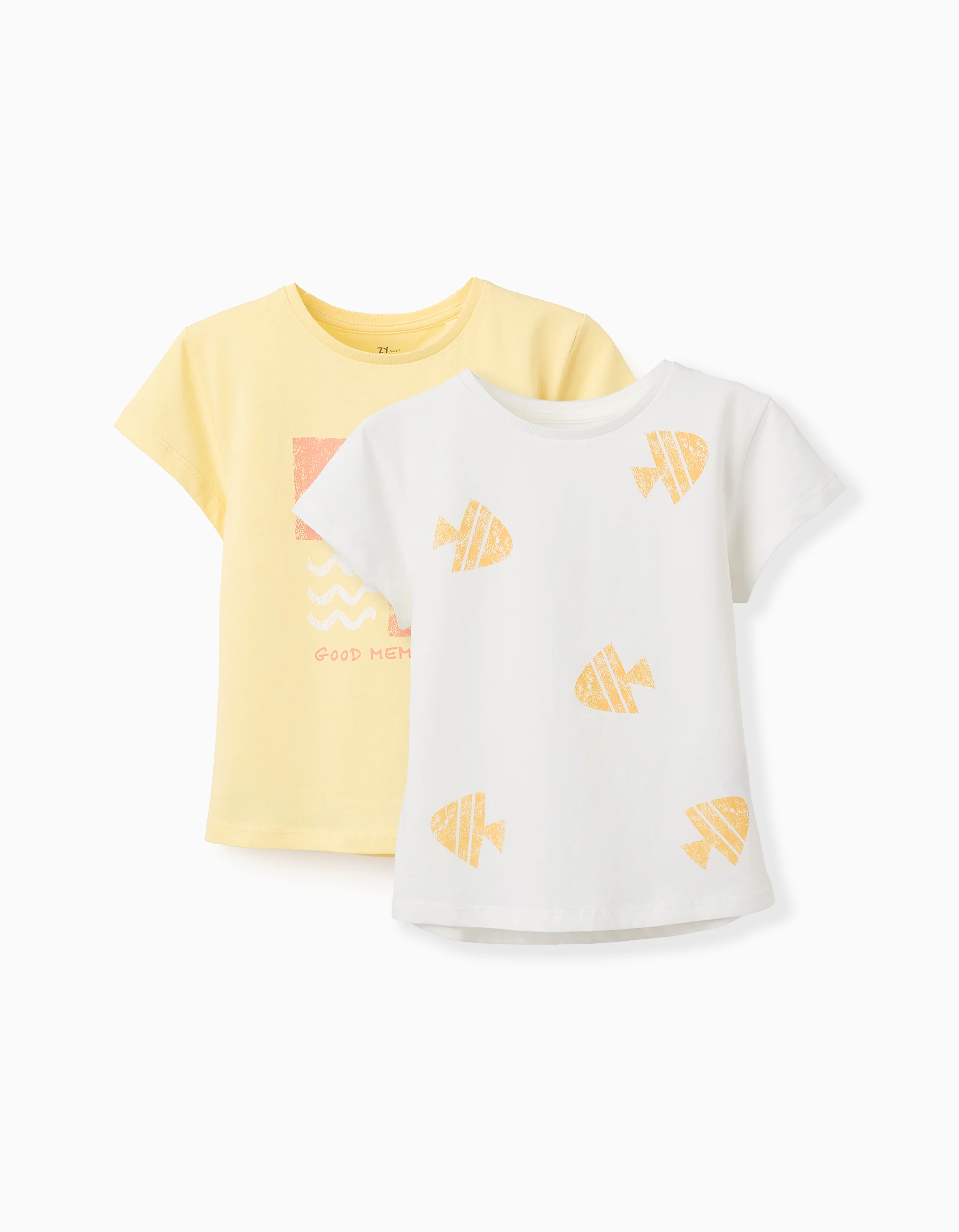 Pack of 2 Cotton T-shirts for Girls 'Fish', Yellow/White
