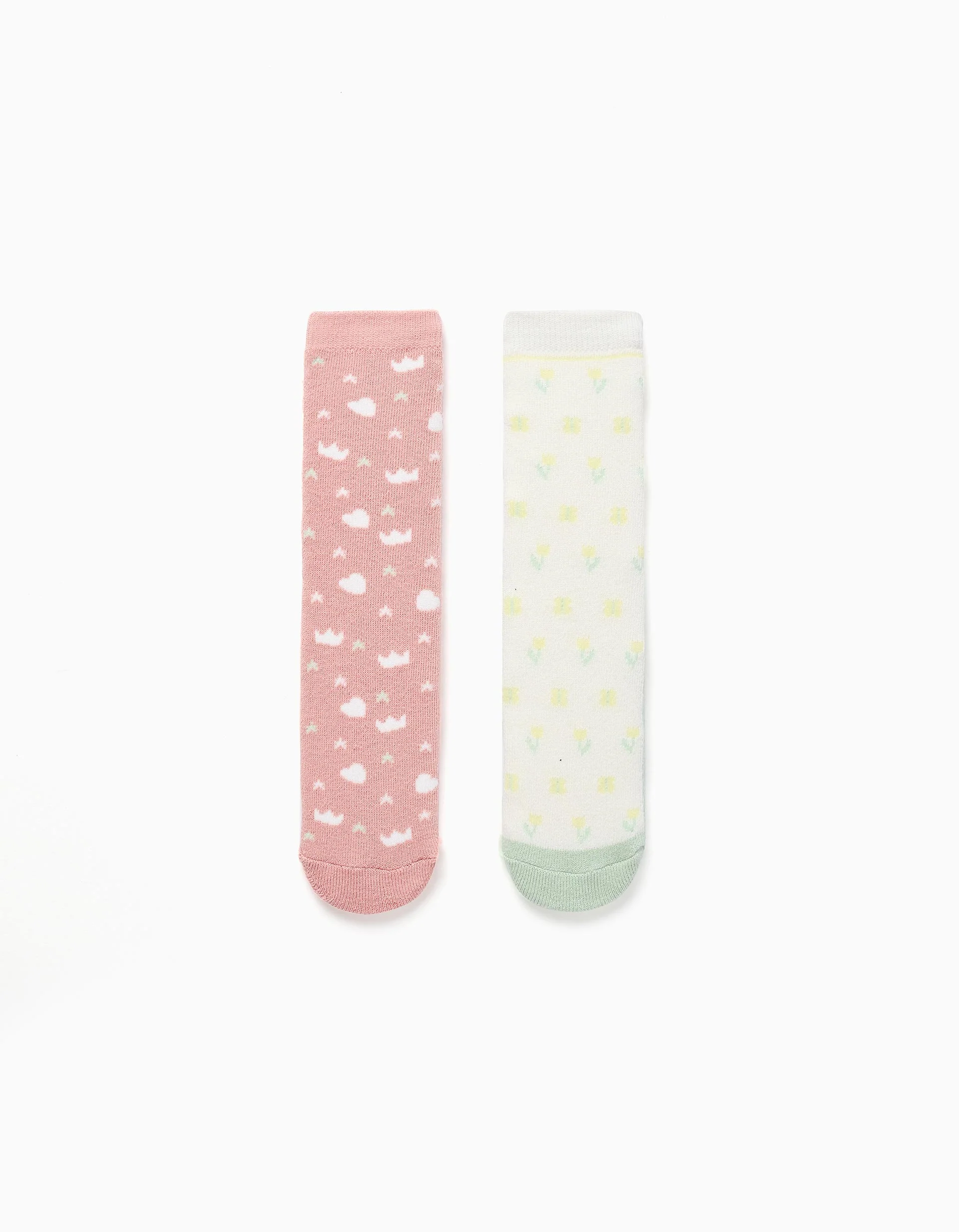 Pack of 2 non-slip thick socks with motifs for girls, pink/white/green