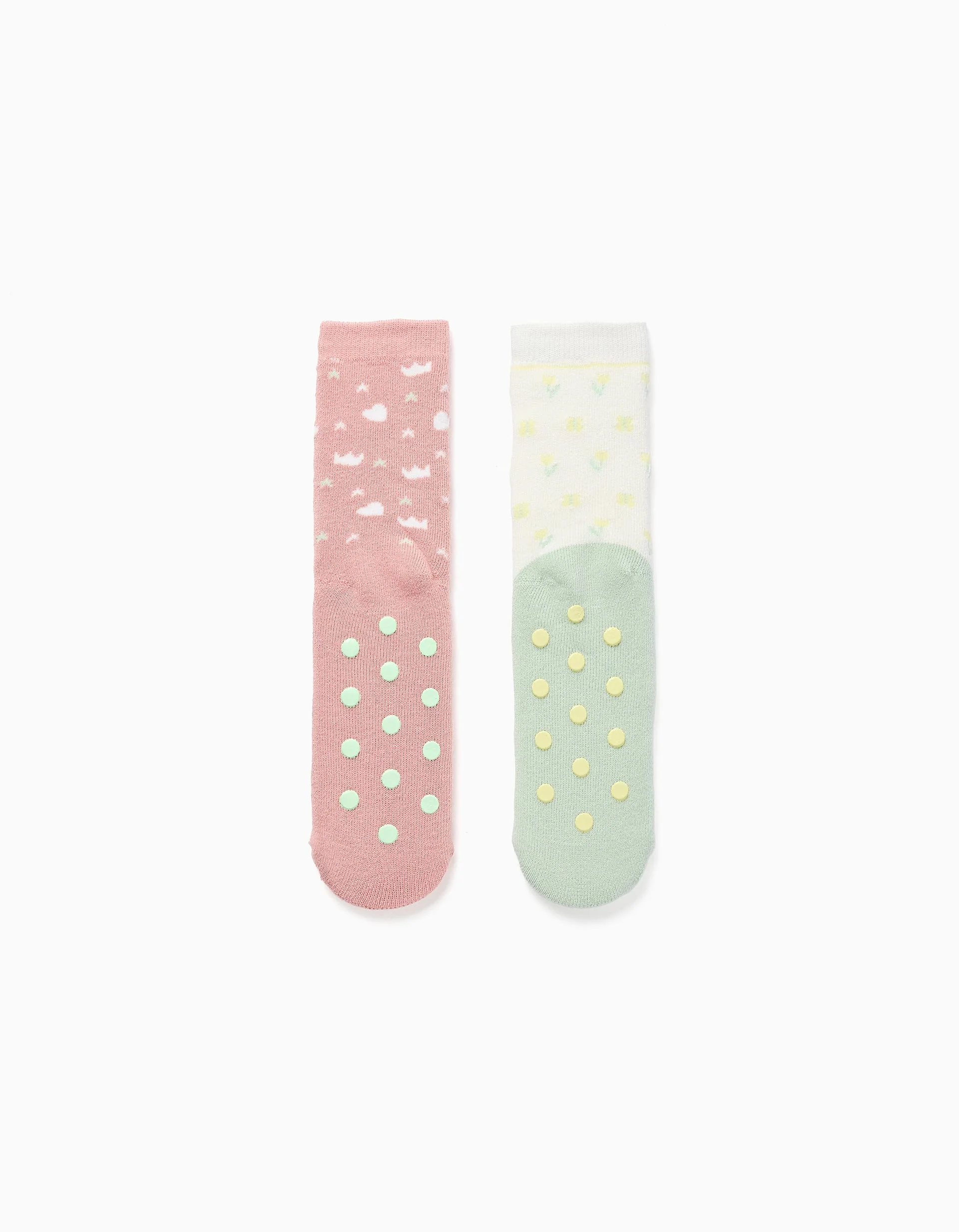 Pack of 2 non-slip thick socks with motifs for girls, pink/white/green - Image 2