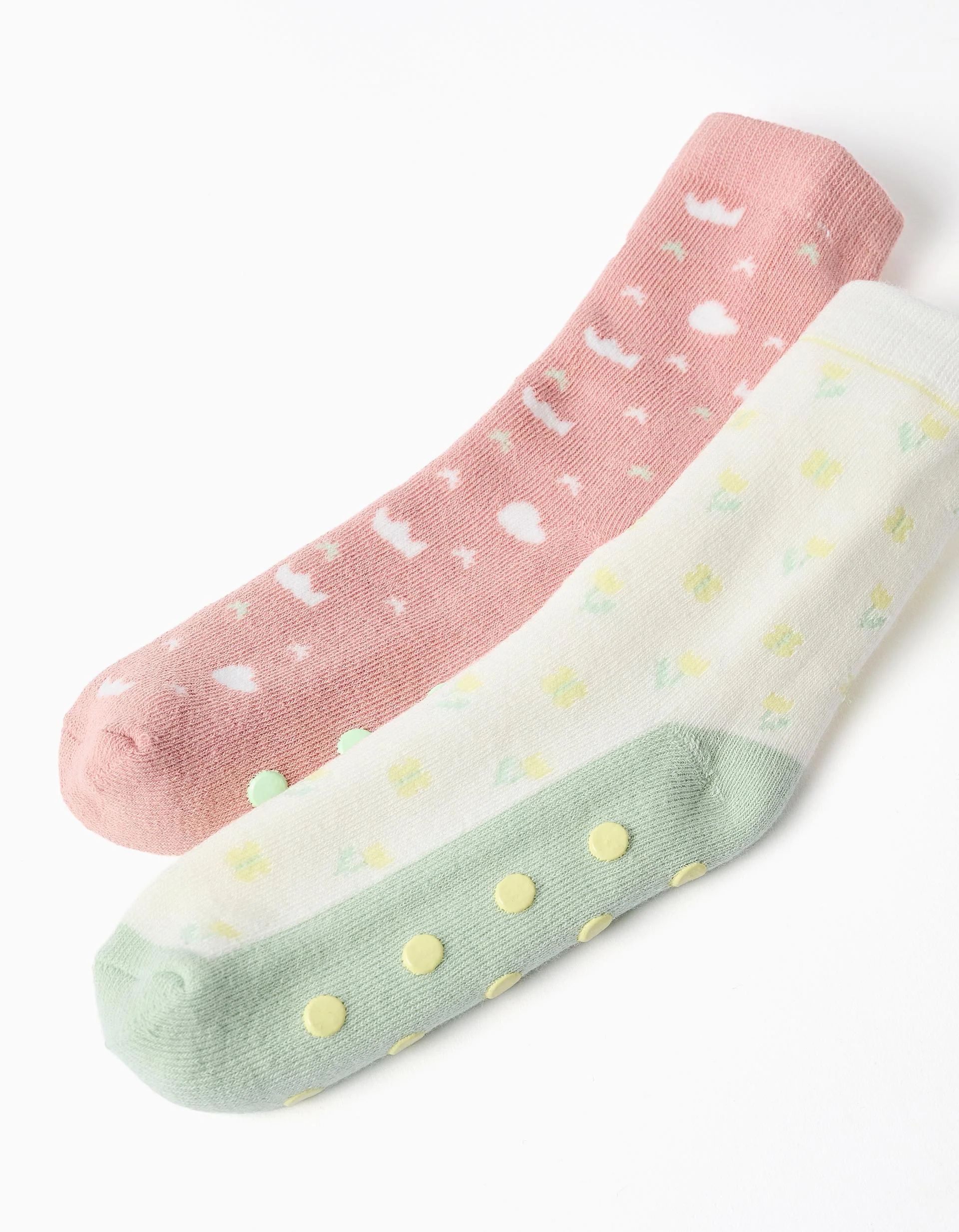 Pack of 2 non-slip thick socks with motifs for girls, pink/white/green - Image 3