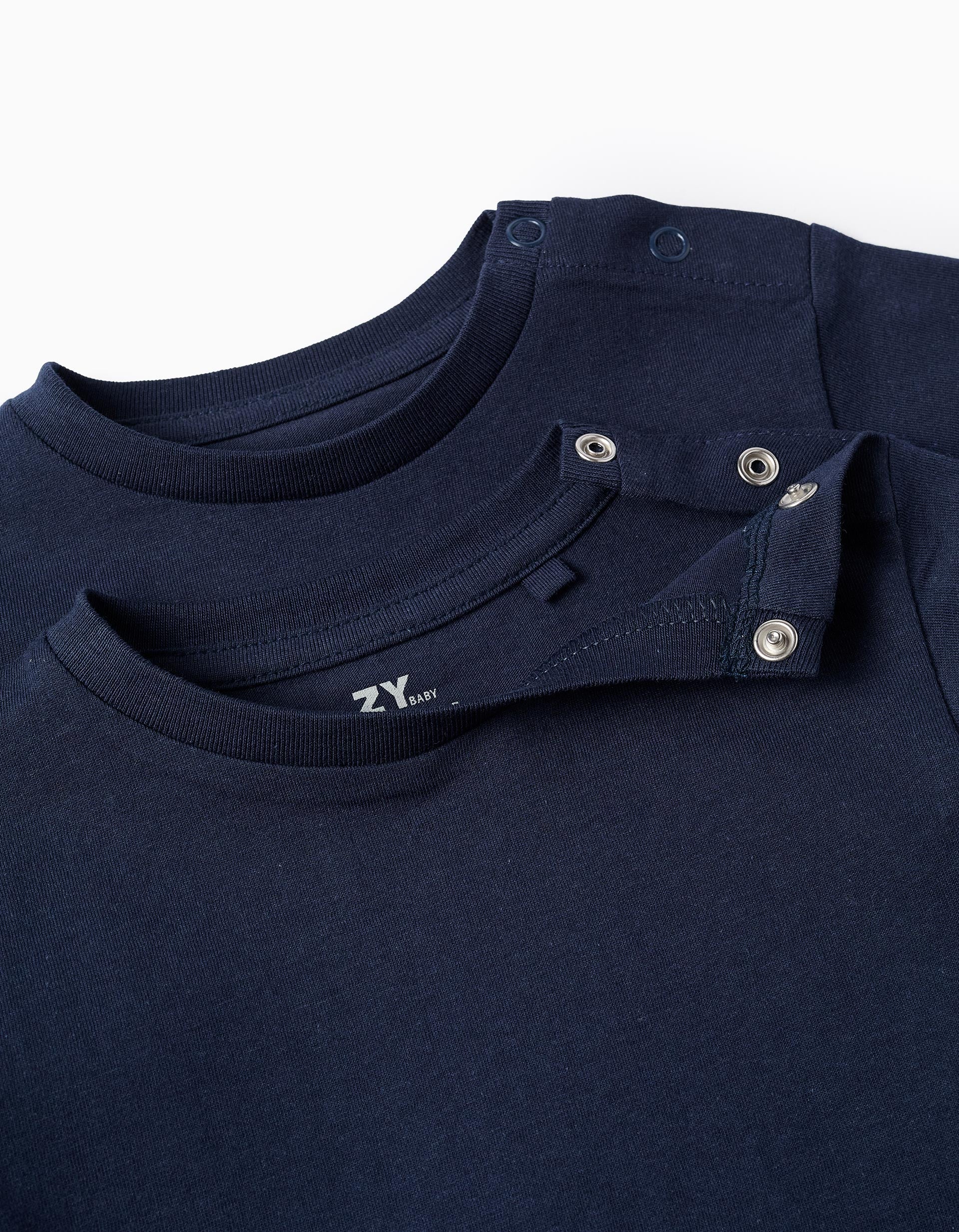 Pack of 2 Plain Cotton T-shirts for Baby Boys, Dark Blue - Image 3