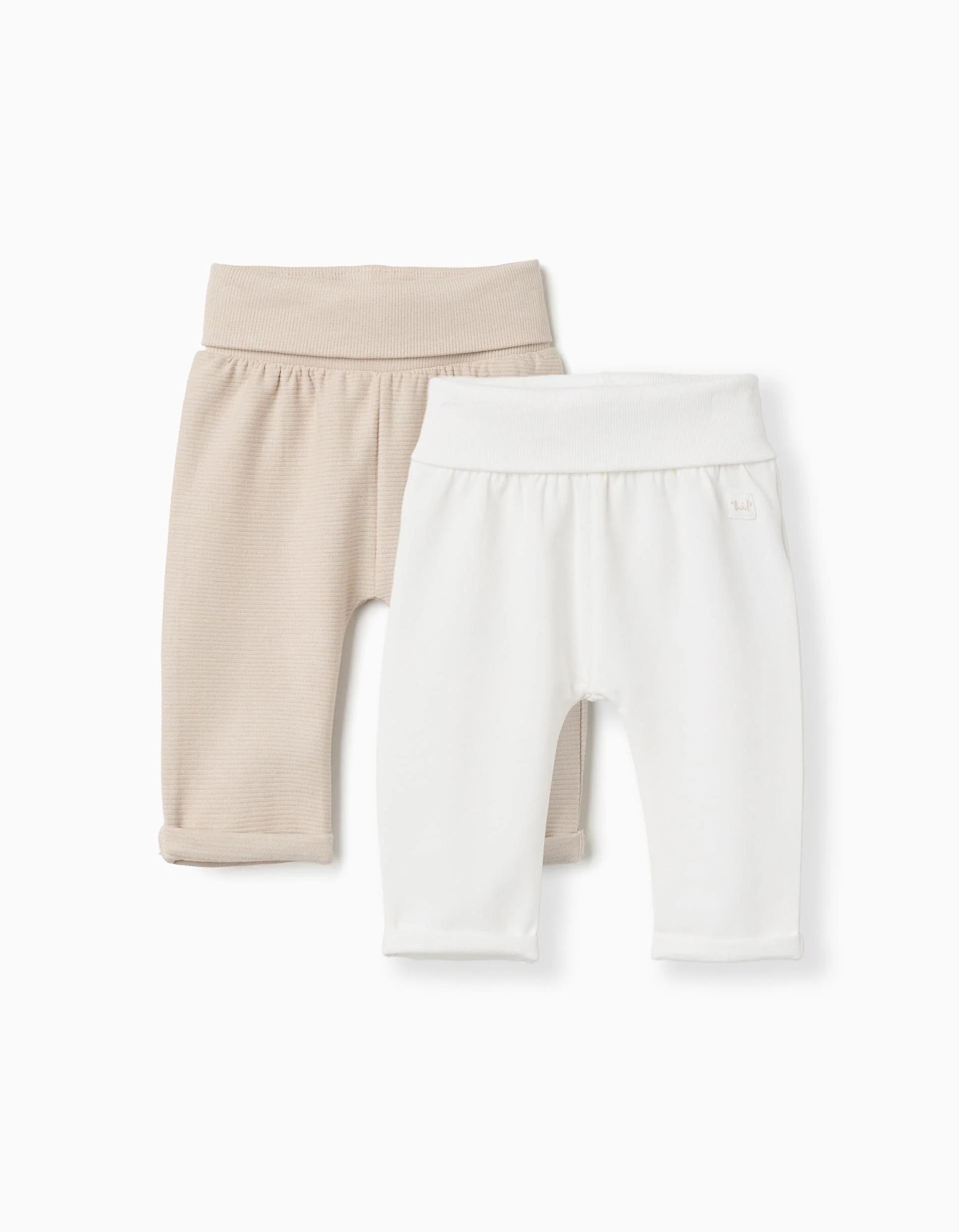 Pack of 2 plain/ribbed cotton trousers for newborns, white/beige