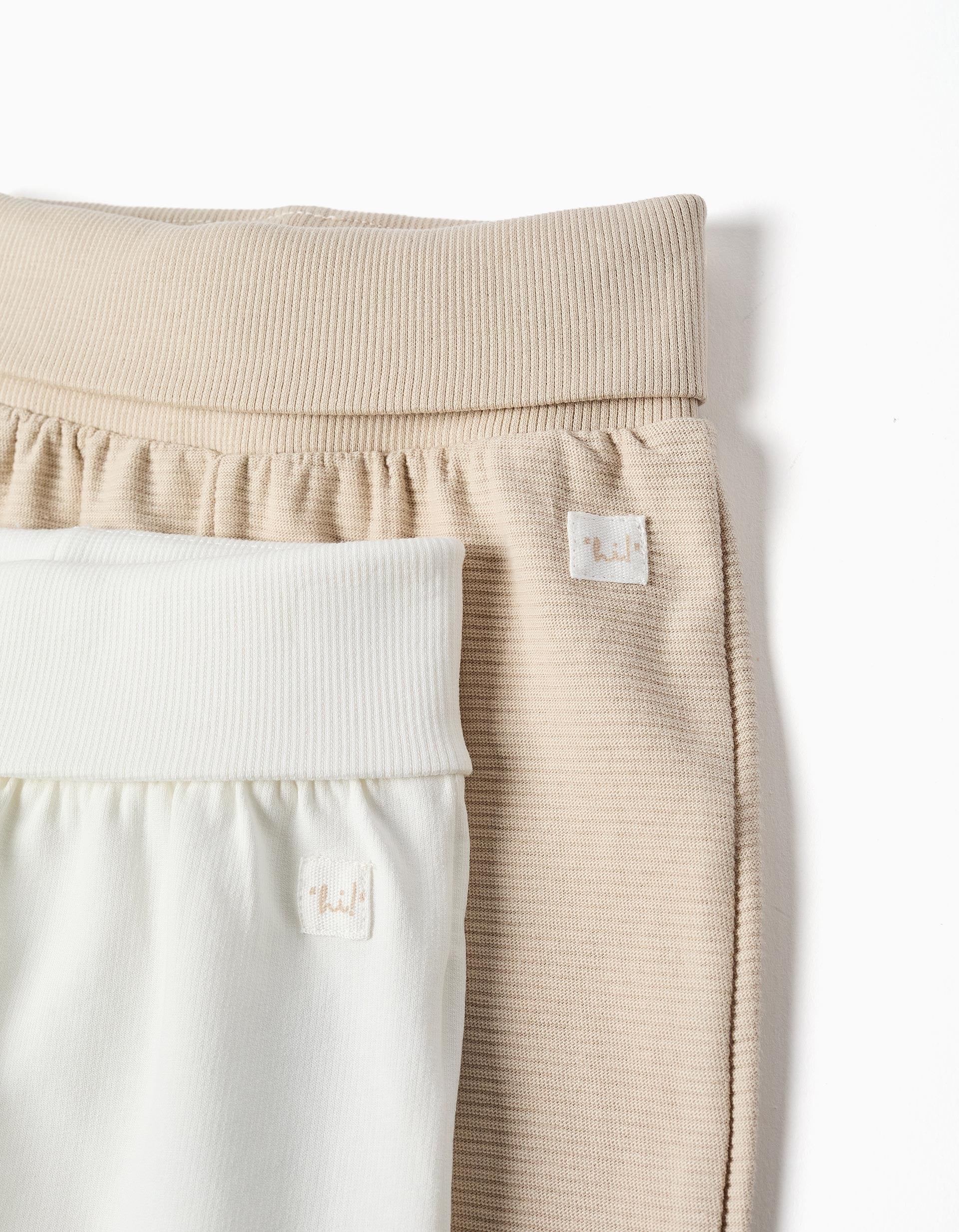Pack of 2 plain/ribbed cotton trousers for newborns, white/beige - Image 3