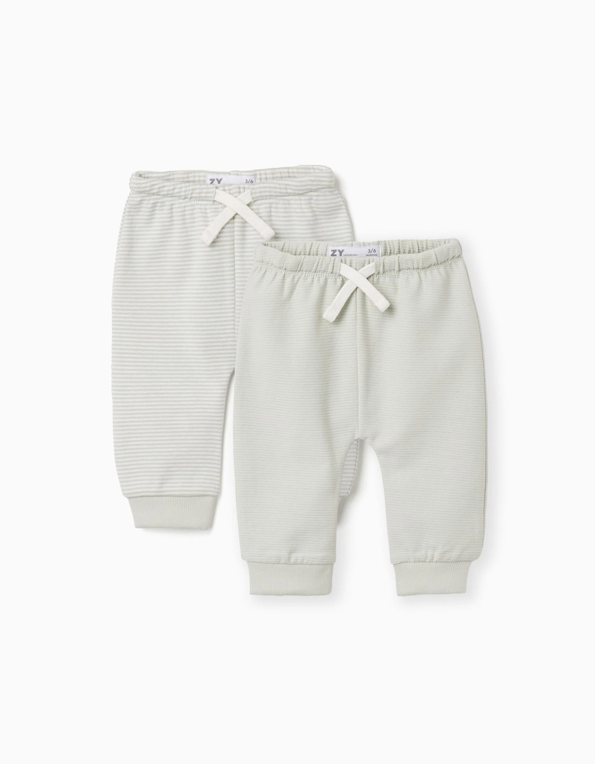 Pack of 2 plain/striped cotton trousers for newborn boys, white/green