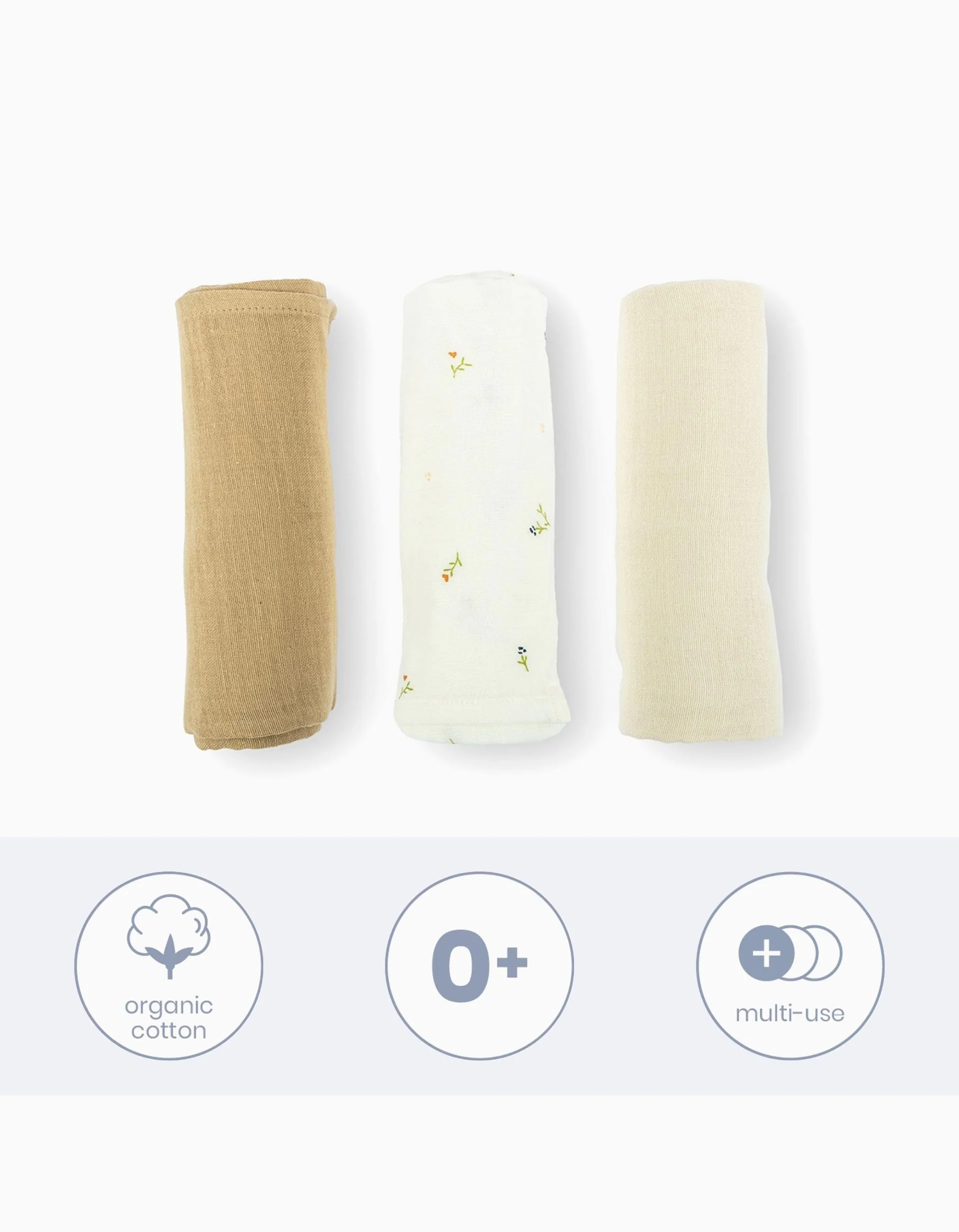 Pack of 3 Muslin Squares 70x70 cm Doomoo, Sweety Cream - Image 3
