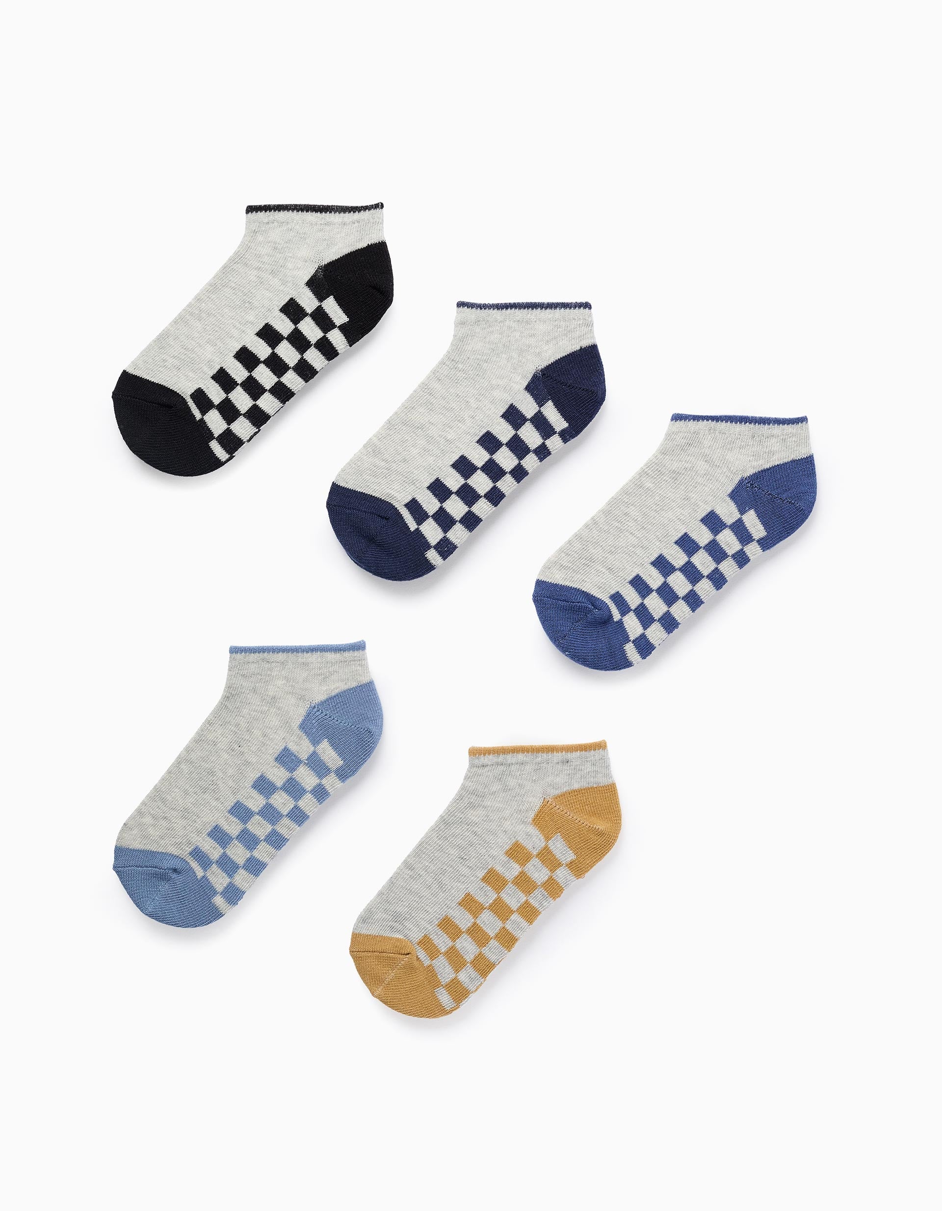 Pack of 5 Pairs of Ankle Socks for Boys 'Squares', Grey/Blue/Yellow