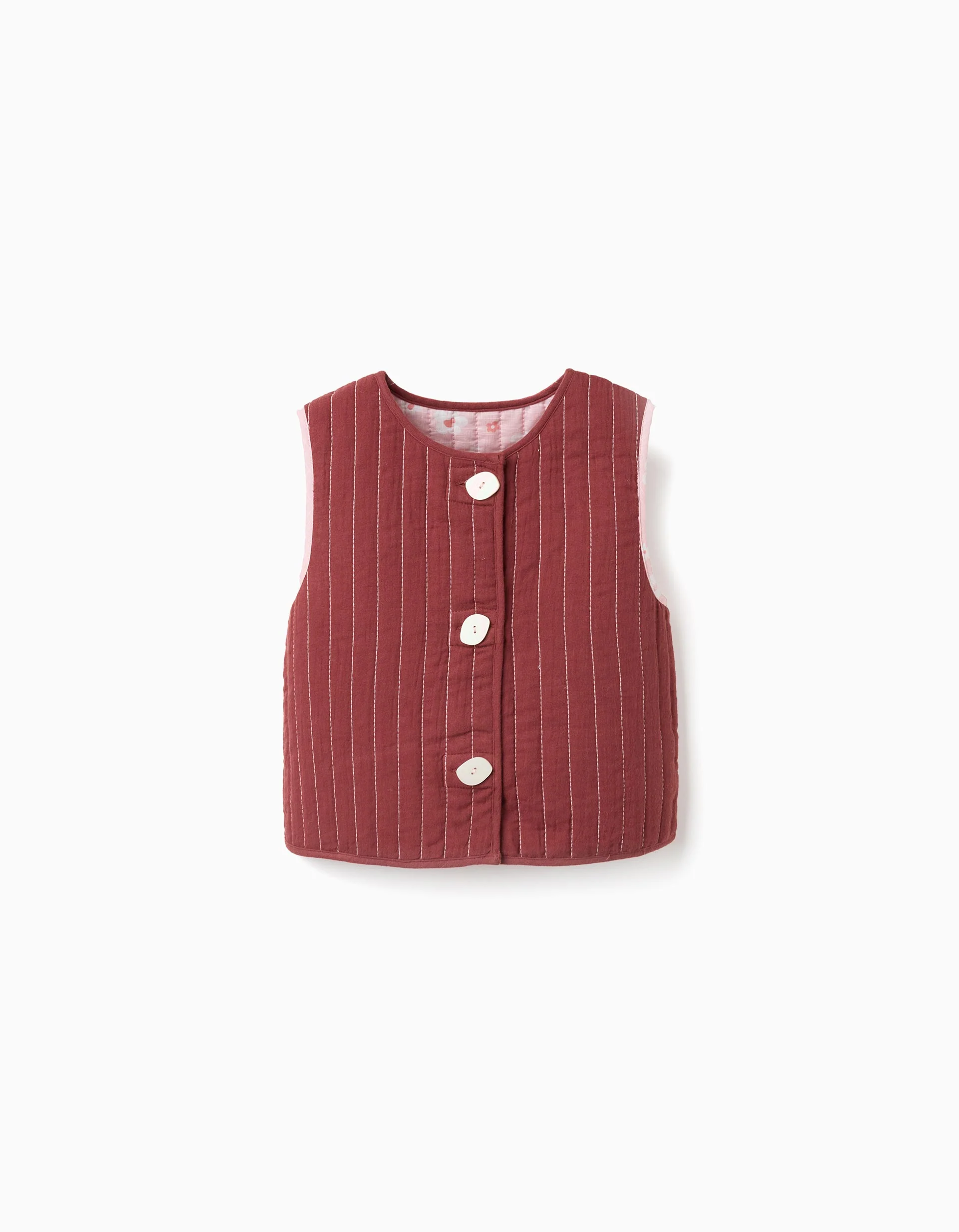 Padded reversible vest with floral motif for girls, pink/brown - Image 3