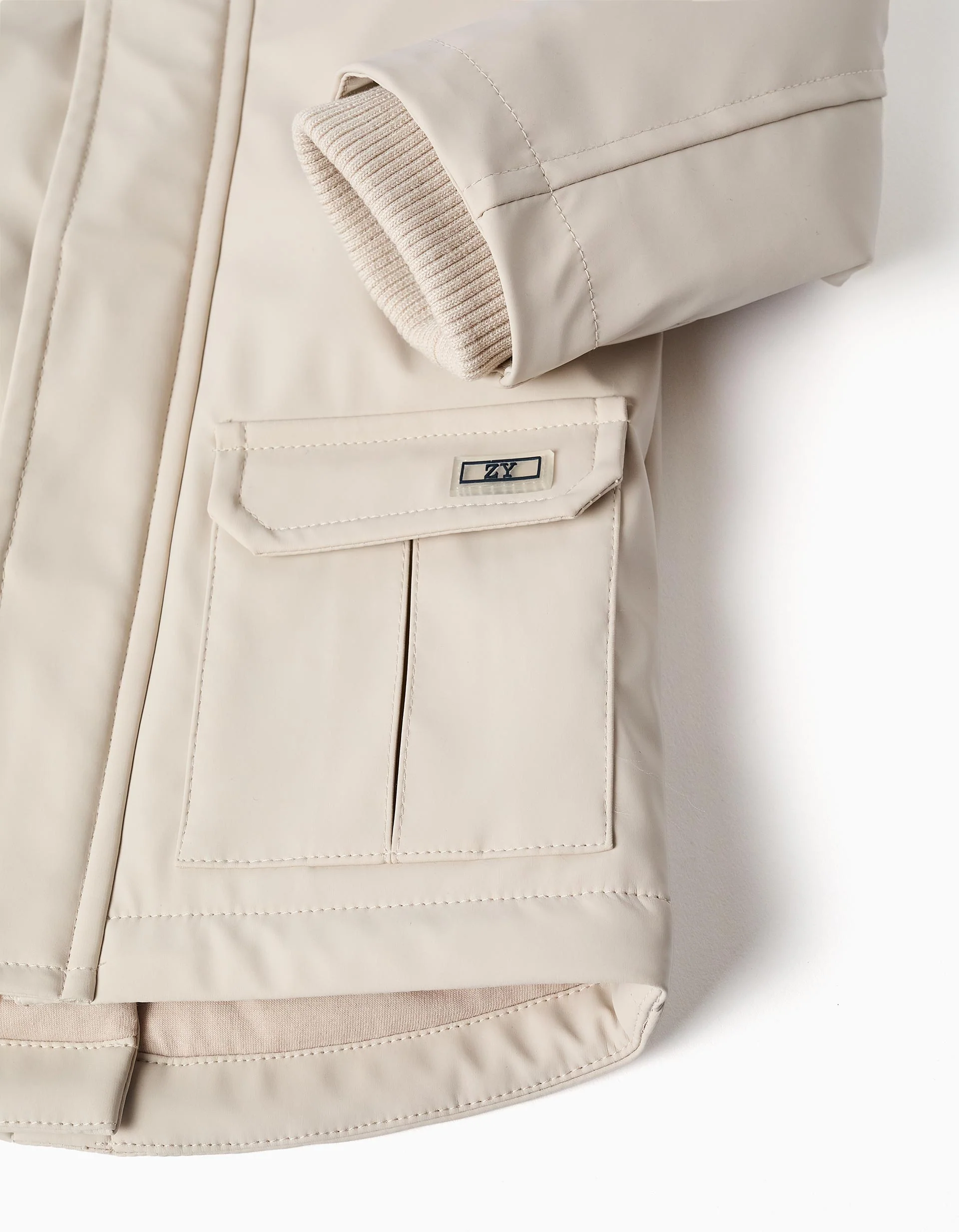 Padded rubber parka with hood for baby boys, light beige - Image 4
