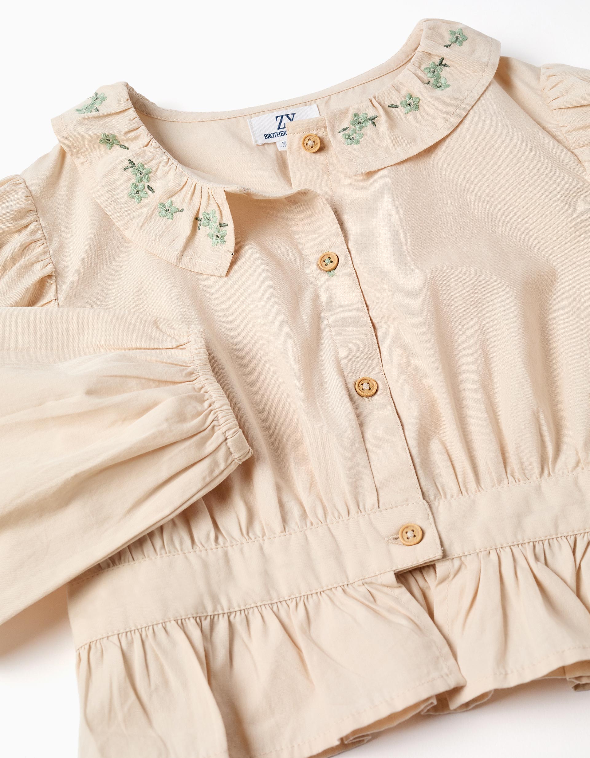 Poplin blouse with ruffles and balloon sleeves B&S for girls, beige - Image 3