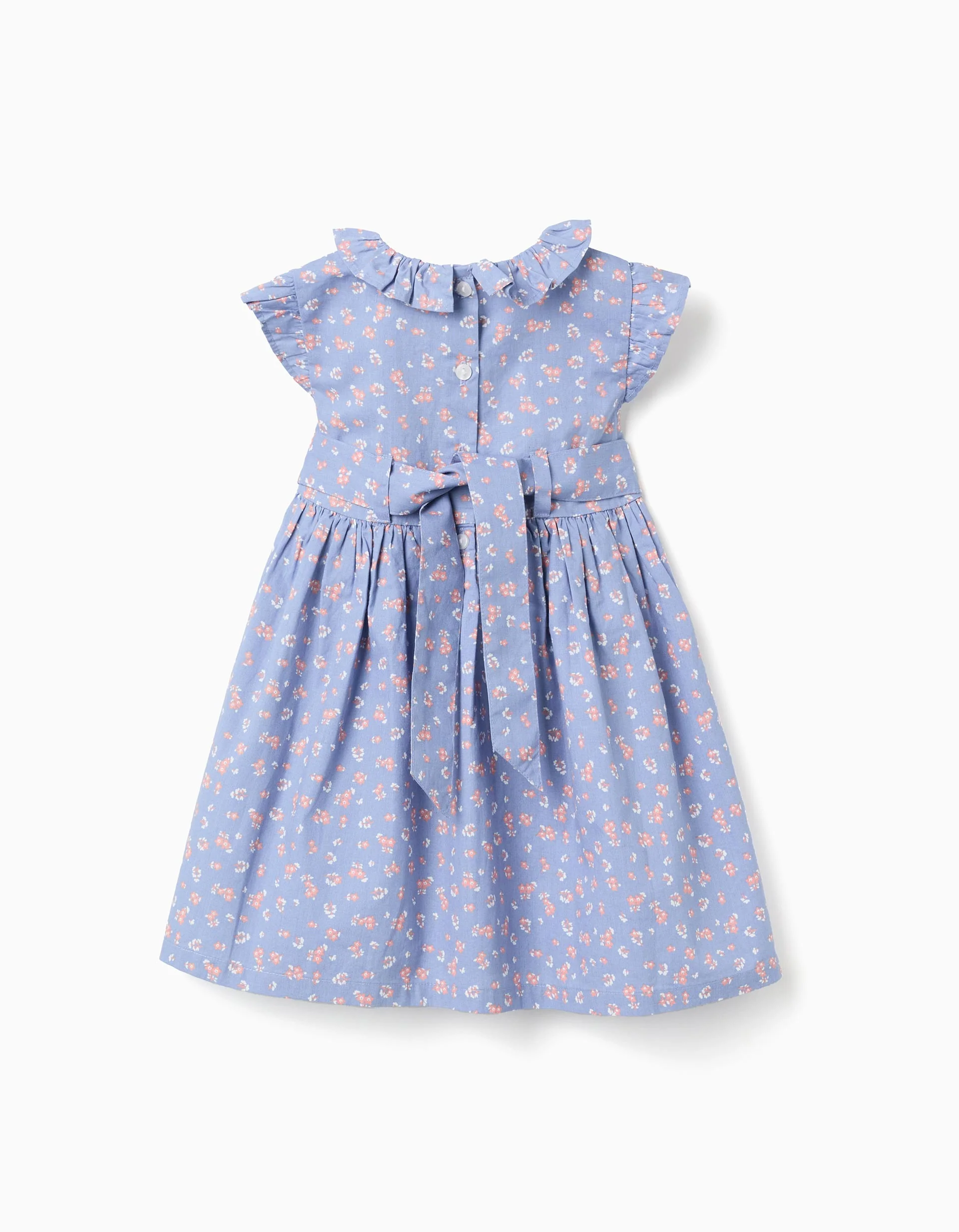 Poplin dress with floral motif and ruffles for baby girls, blue - Image 2