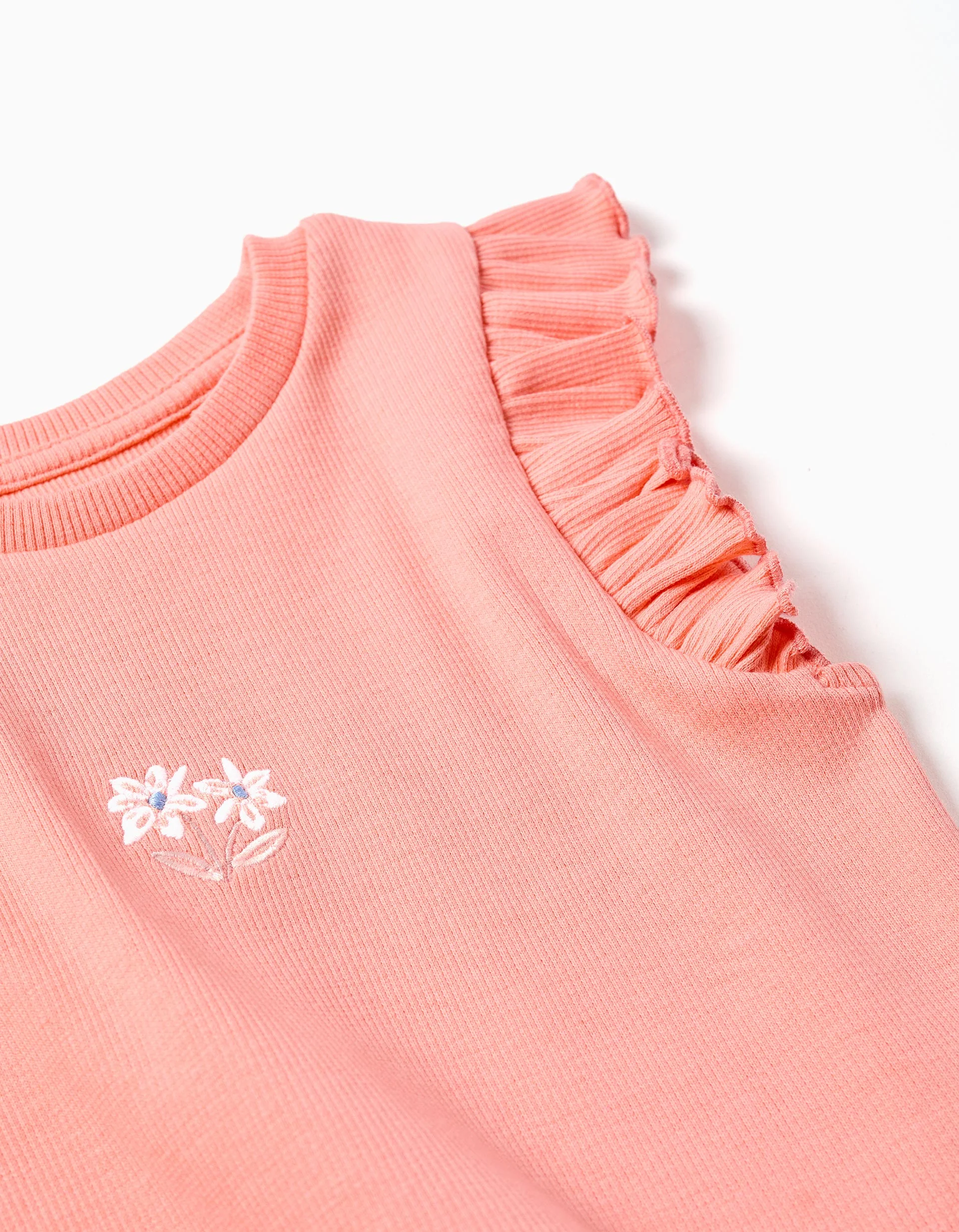 Ribbed cotton T-shirt with ruffles and flowers for girls, salmon orange - Image 3