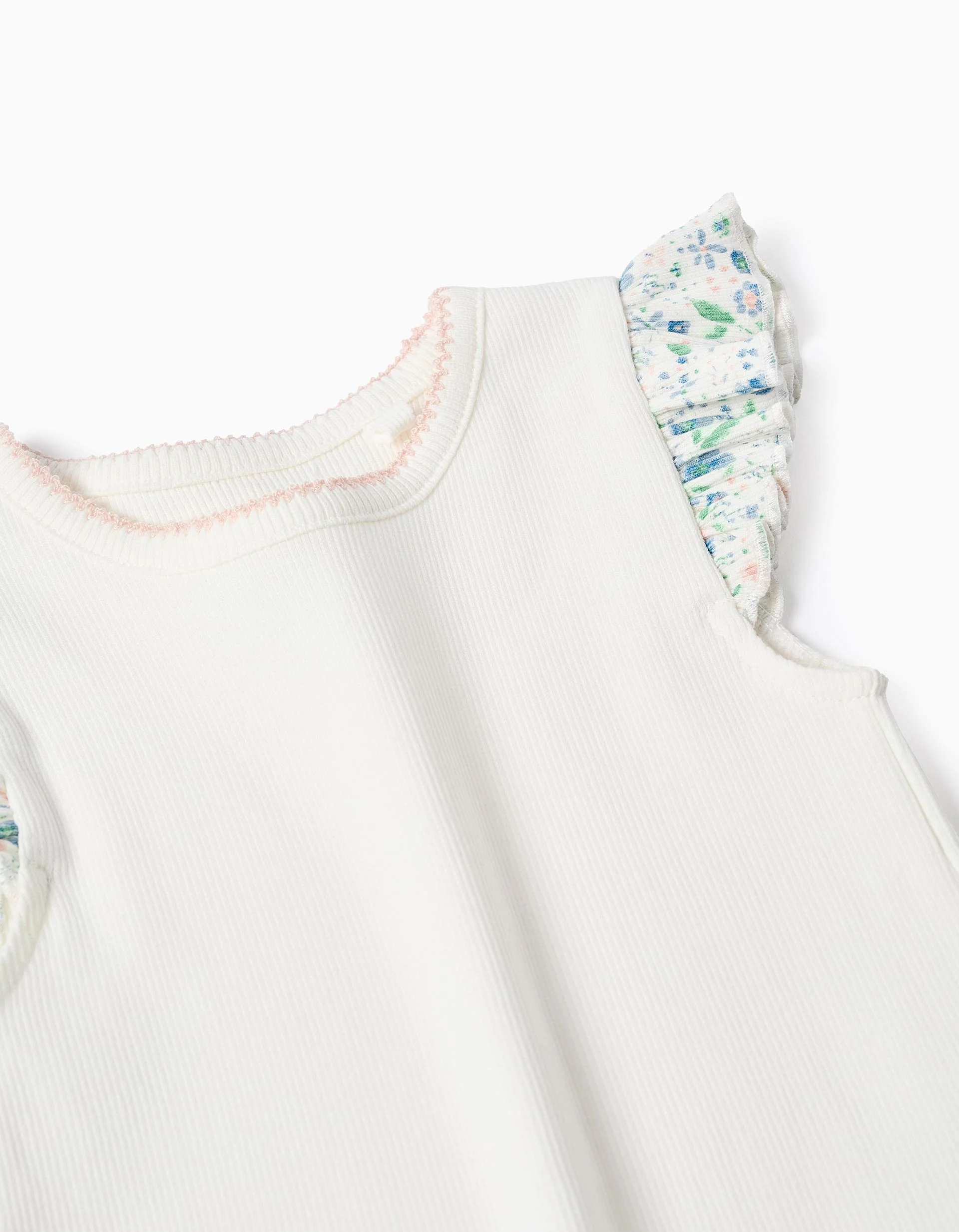 Ribbed T-shirt with Floral Ruffles for Baby Girls, white - Image 3