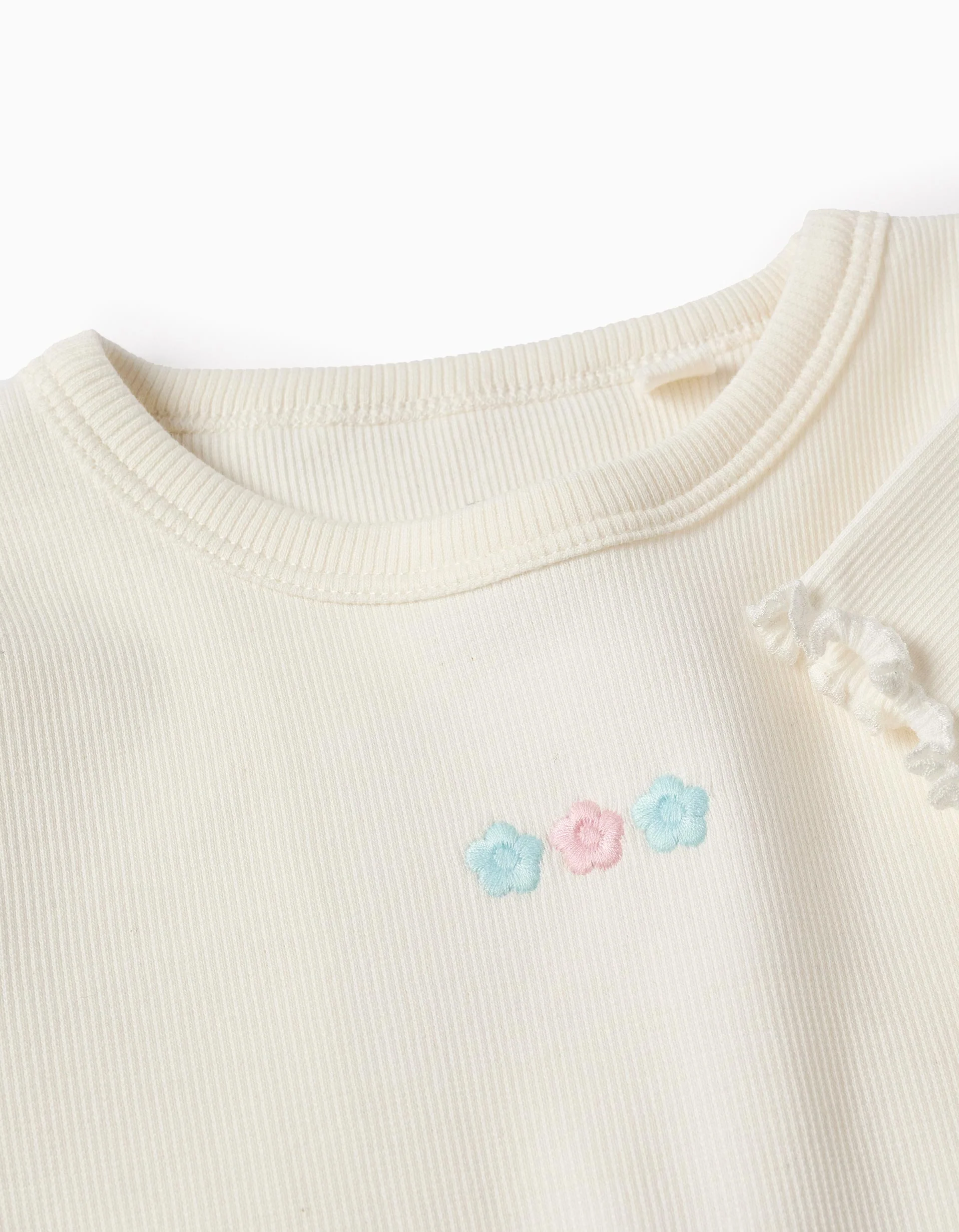 Ribbed T-shirt with Flower Embroidery for Girls, White - Image 3