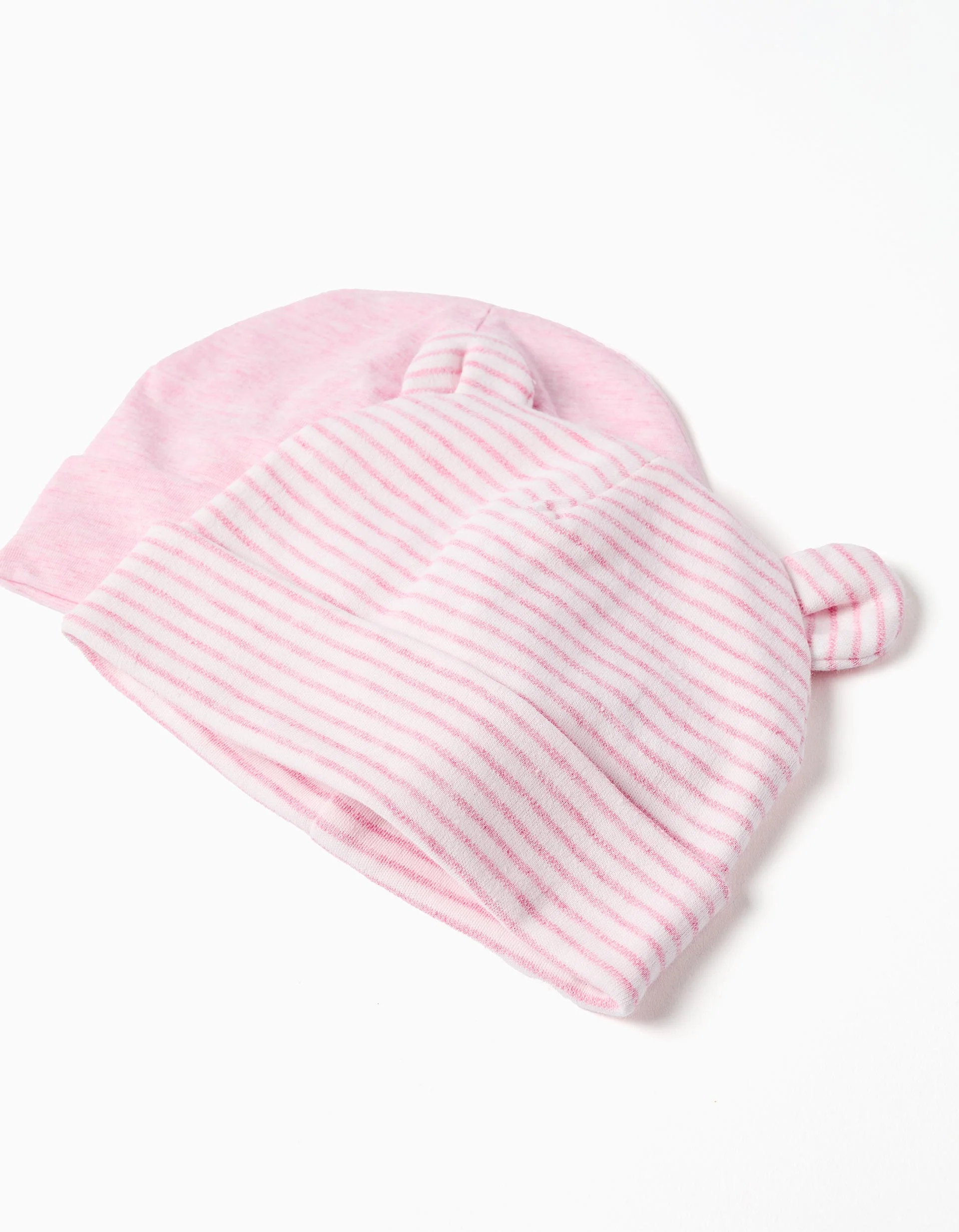 Set of 2 cotton plain/striped beanies for newborn girls, pink/white - Image 2