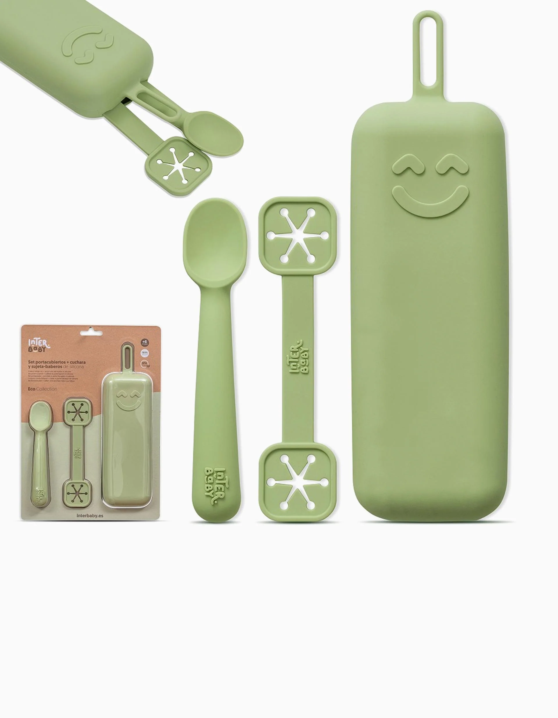 Set of Silicone Case + Spoon + Bib Holder Interbaby 6M+, Green - Image 3