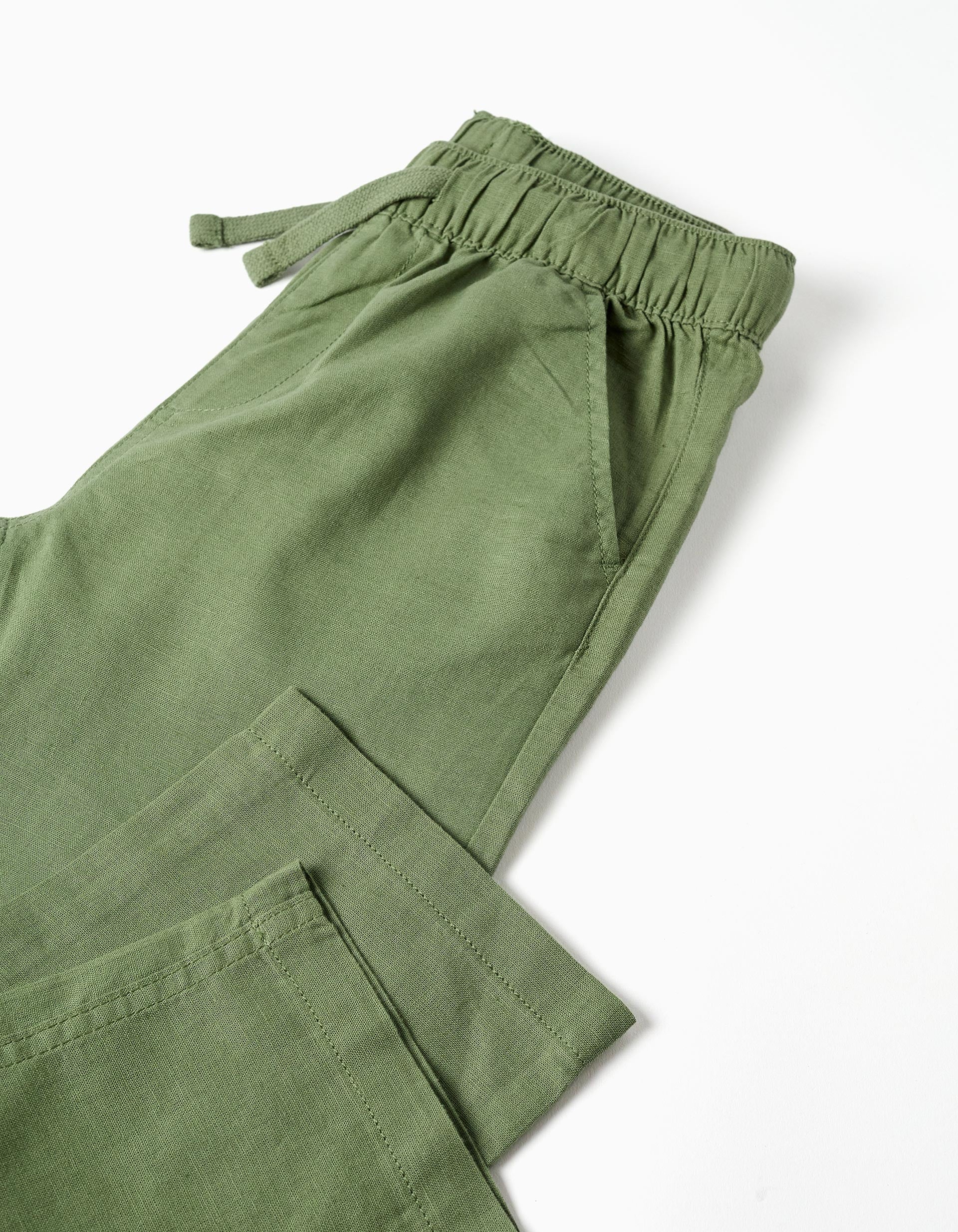 Straight fit linen trousers with drawstring for boys, green - Image 4