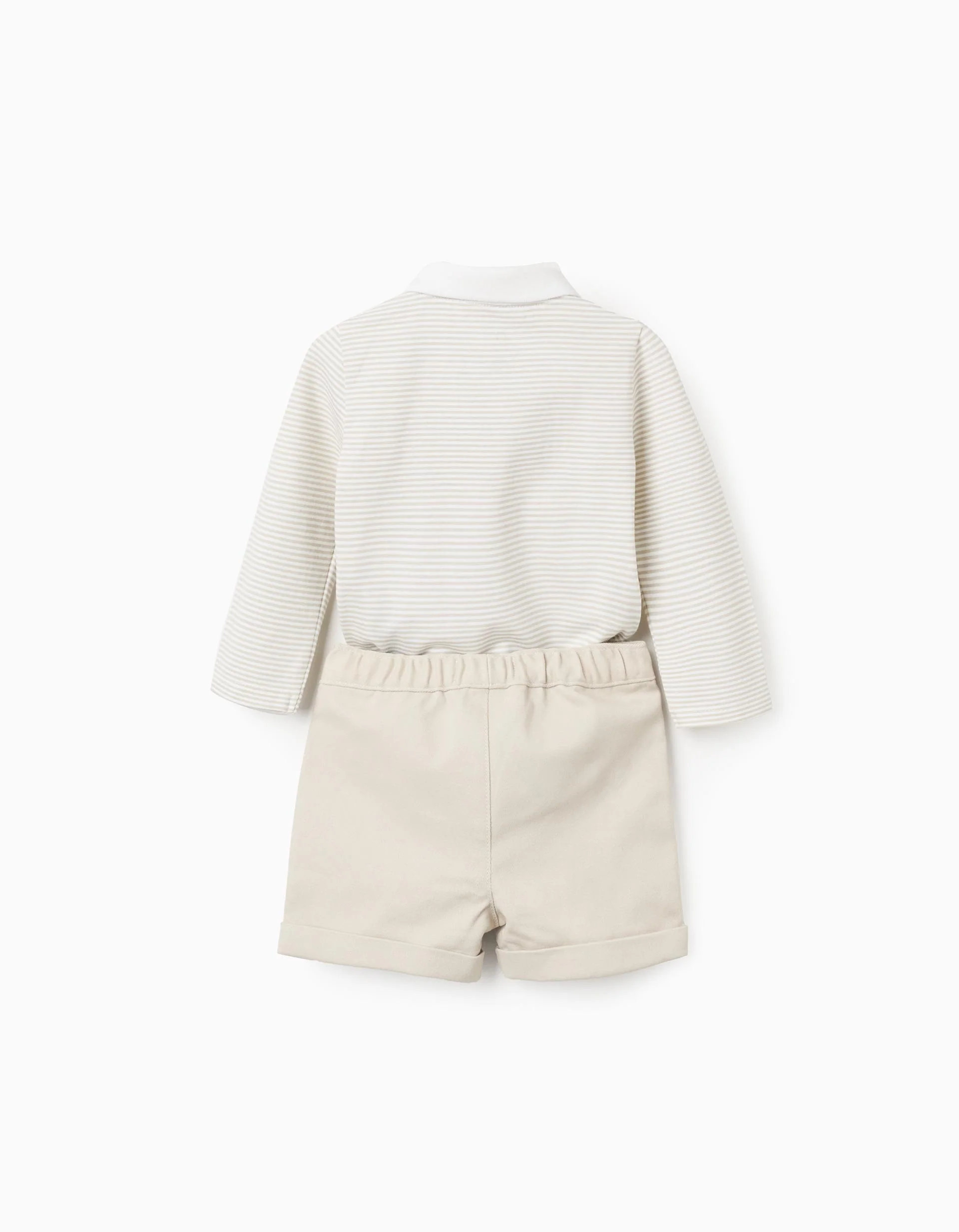 Striped bodysuit + twill shorts for newborn boys, white/beige - Image 2