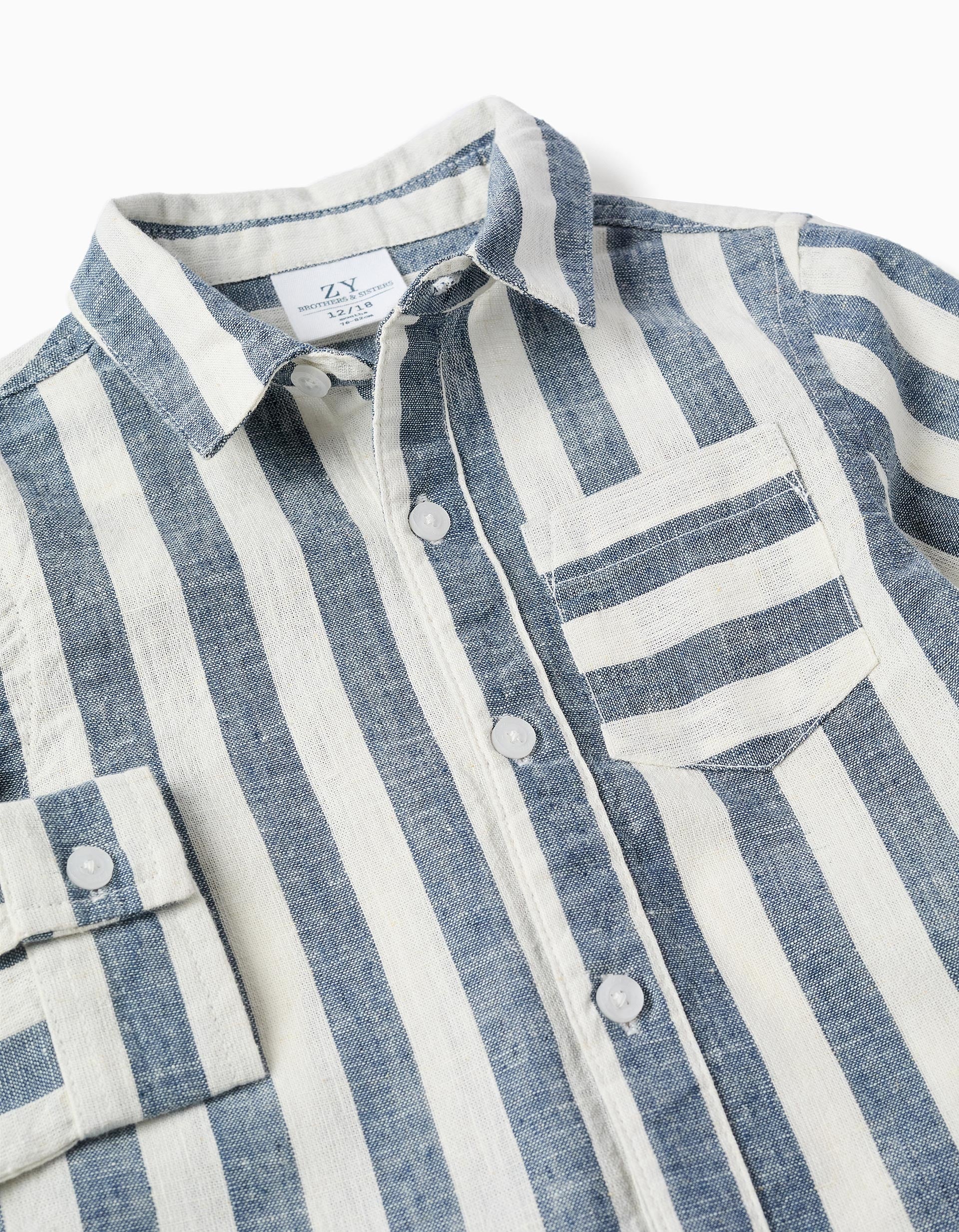 Striped cotton and linen shirt You&Me for baby boys, white/blue - Image 3