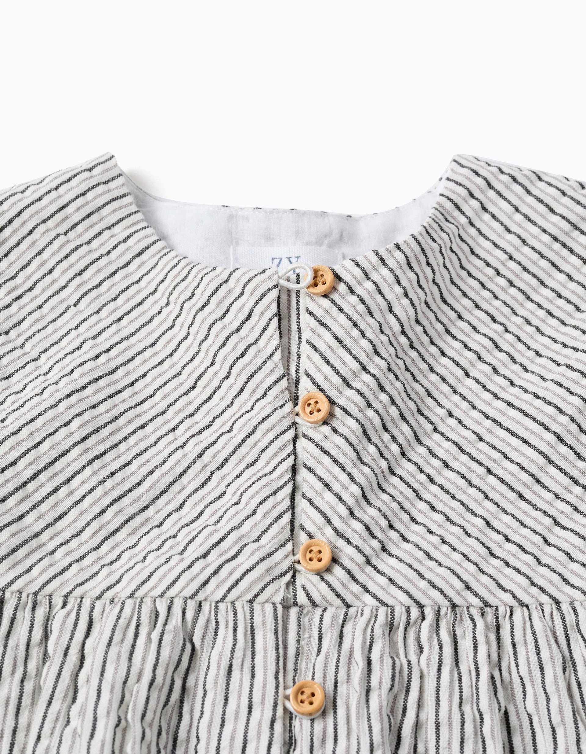 Striped cotton dress with puffy sleeves B&S for girls, white/grey - Image 4