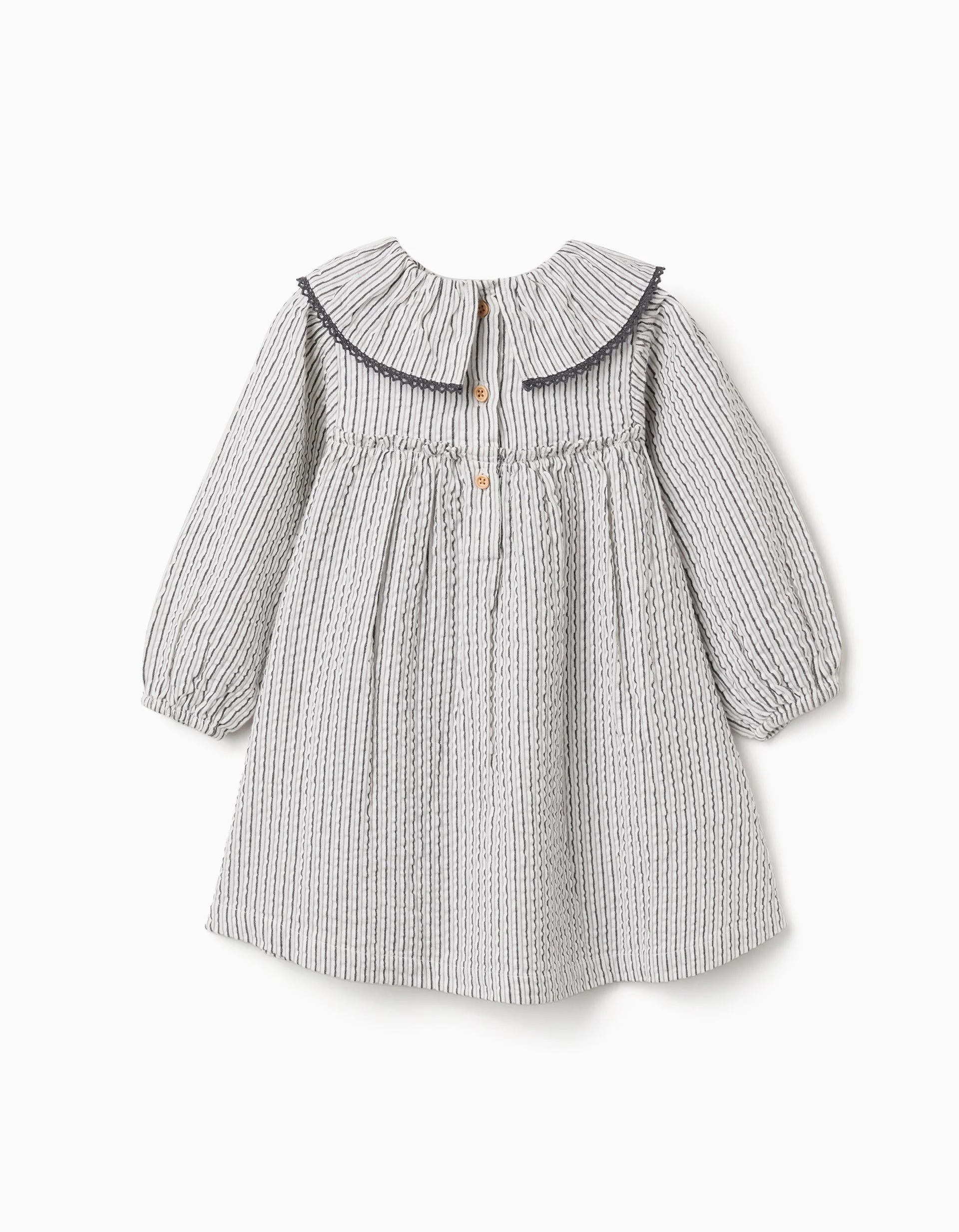 Striped cotton dress with ruffled collar B&S for baby girls, white/grey - Image 2