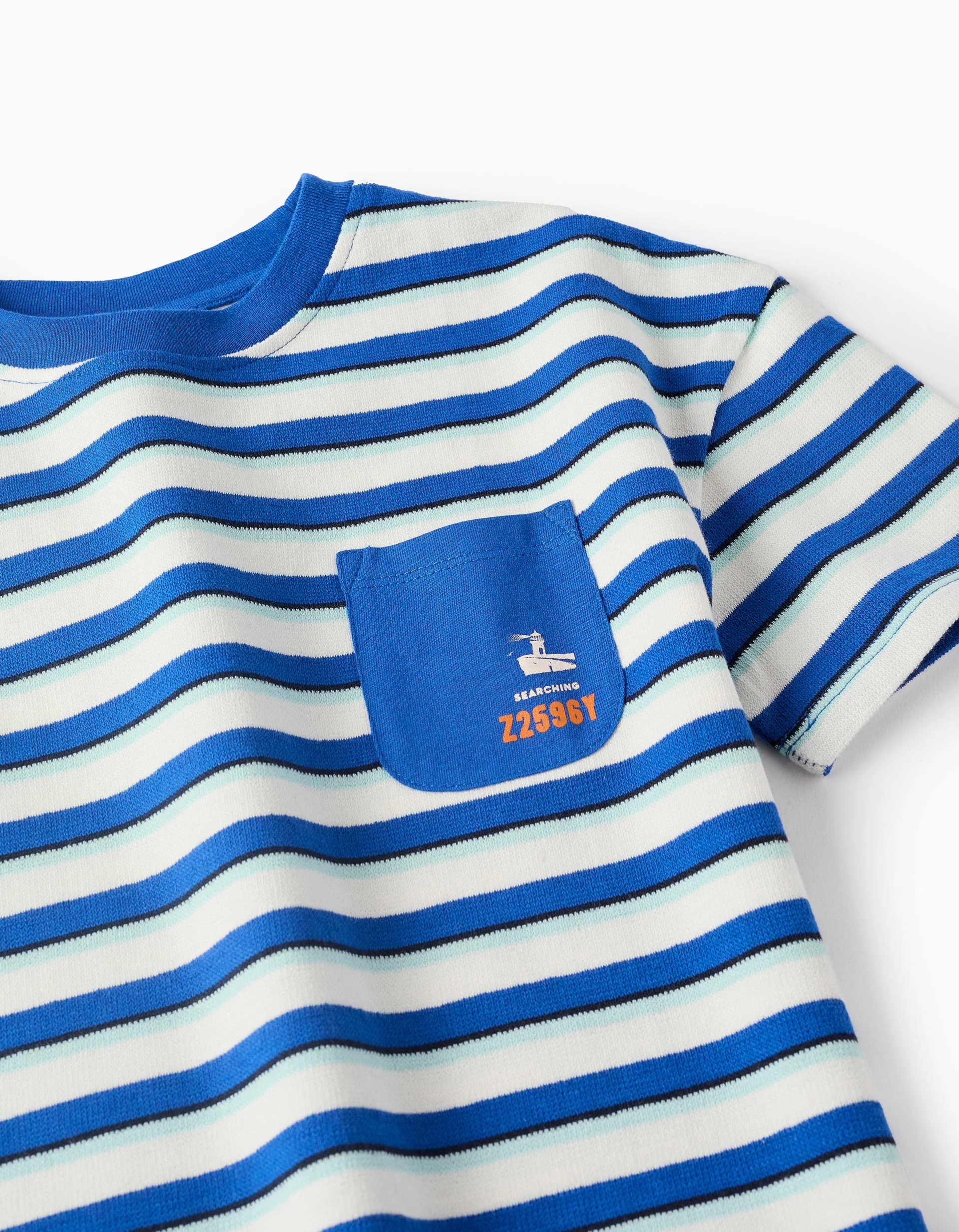 Striped Cotton Piqué T-shirt for Boys, White/Blue - Image 3