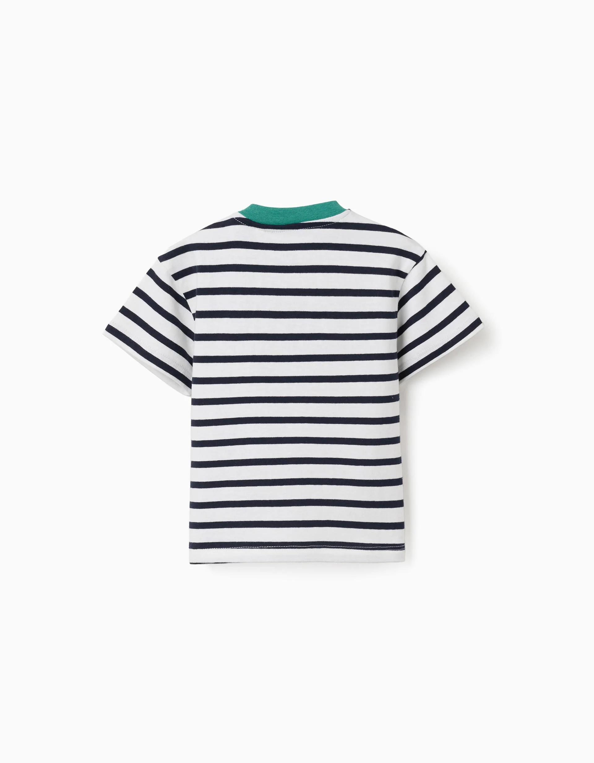 Striped cotton T-shirt with print for baby boys, white/blue/green - Image 2