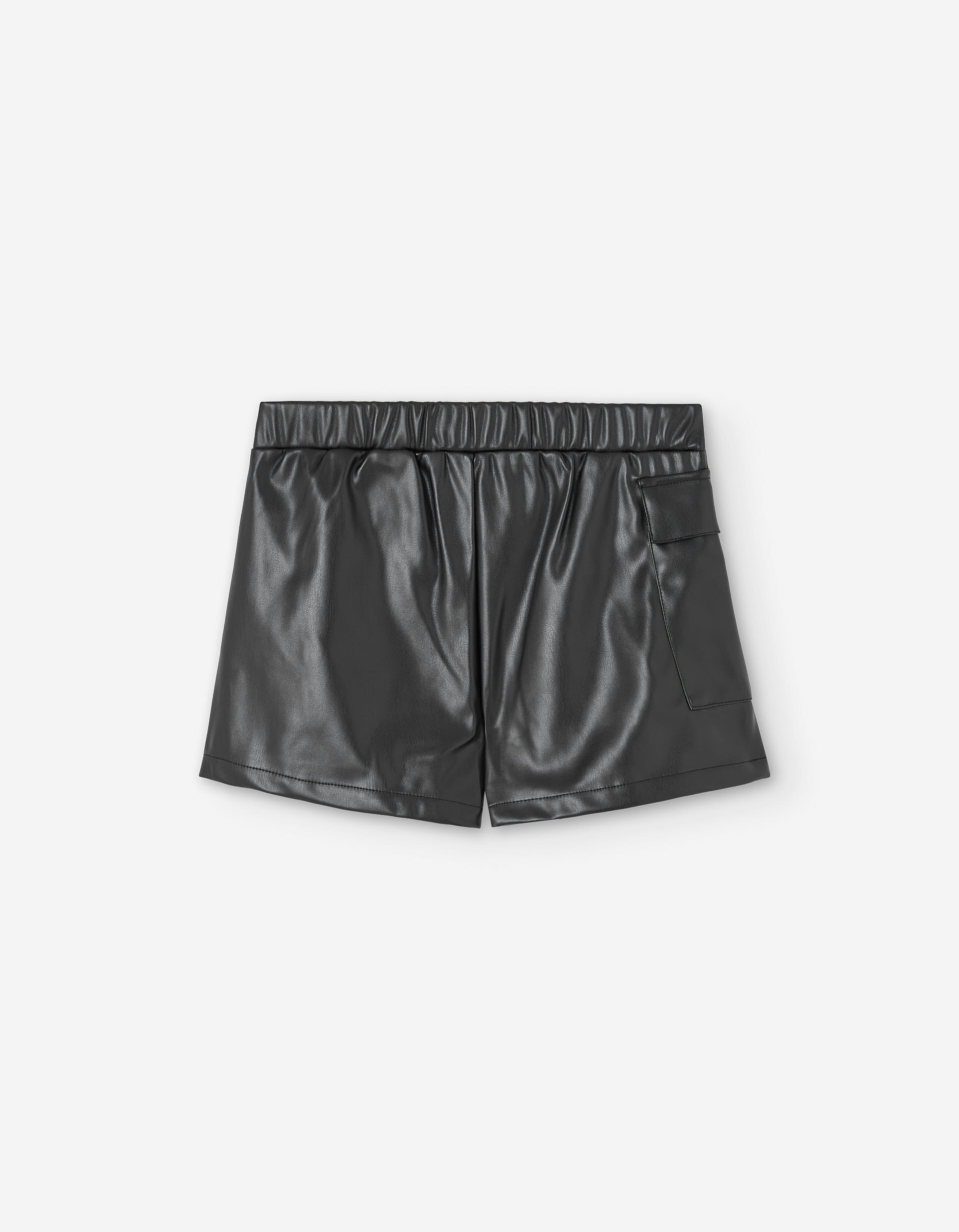 Synthetic leather skort with cargo pocket for girls, black - Image 2