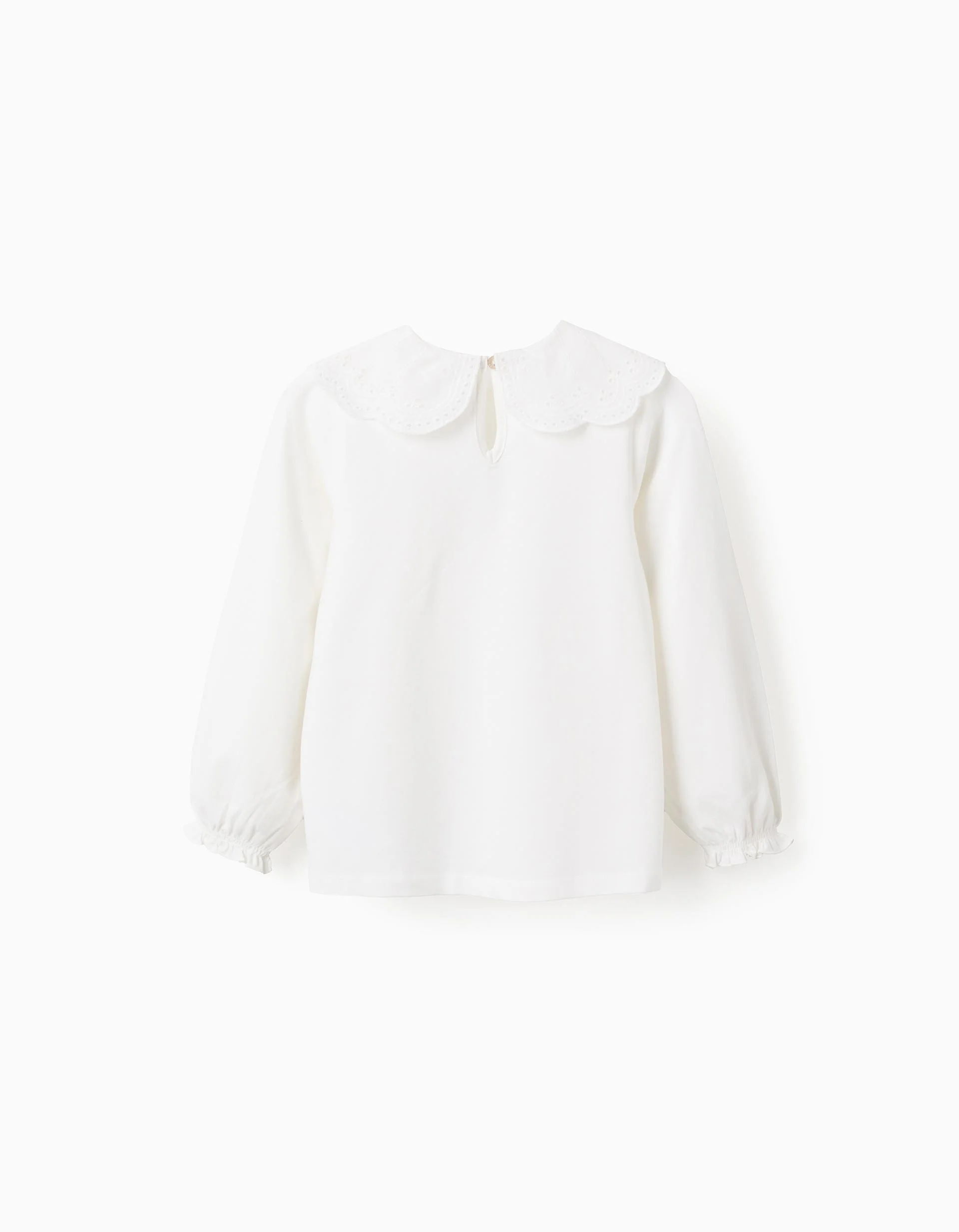 T-shirt with Broderie Anglaise Collar and Ruffles for Girls, White - Image 3