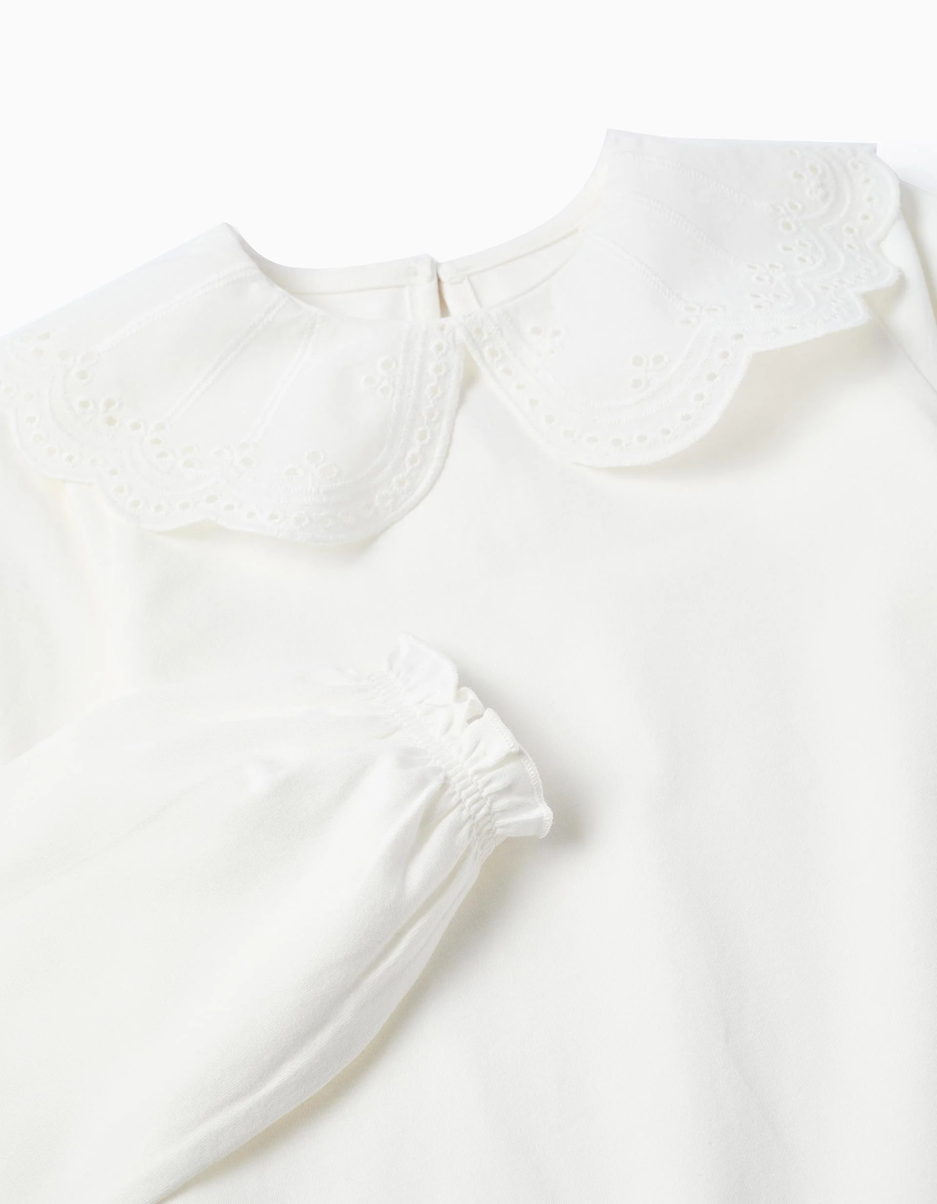 T-shirt with Broderie Anglaise Collar and Ruffles for Girls, White - Image 4
