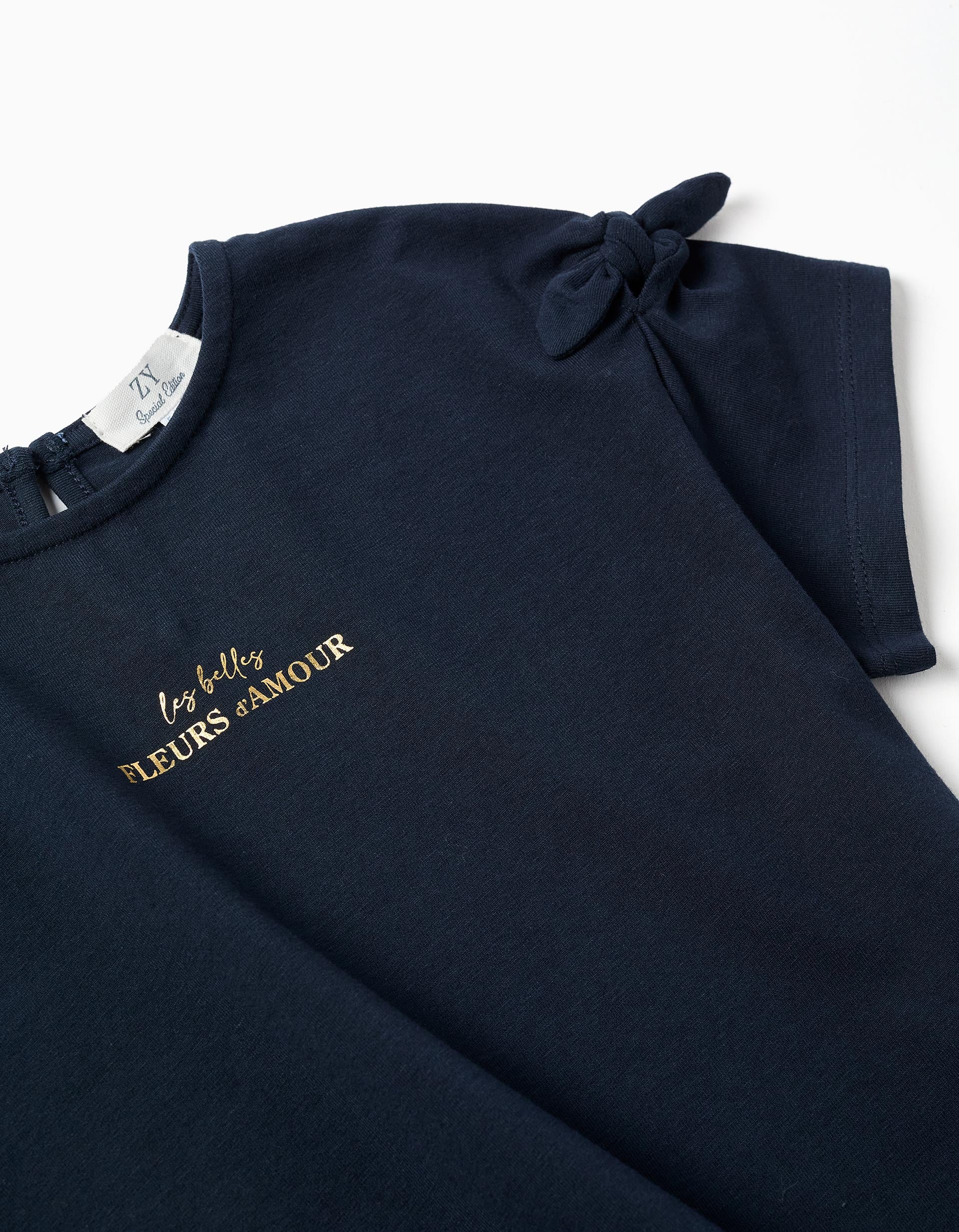 T-shirt with print and decorative knots for girls, dark blue - Image 3