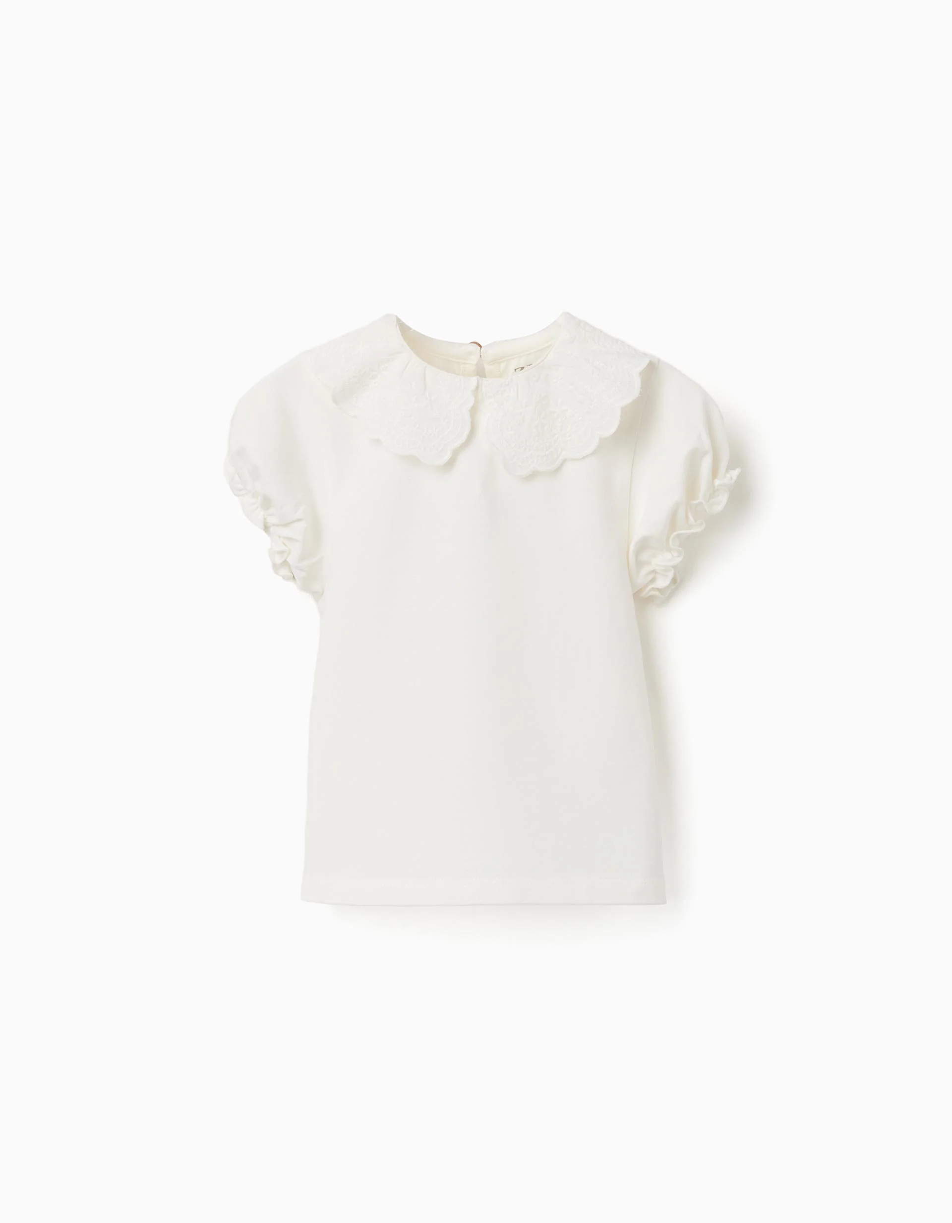 T-shirt with scalloped and embroidered collar for baby girls, light beige
