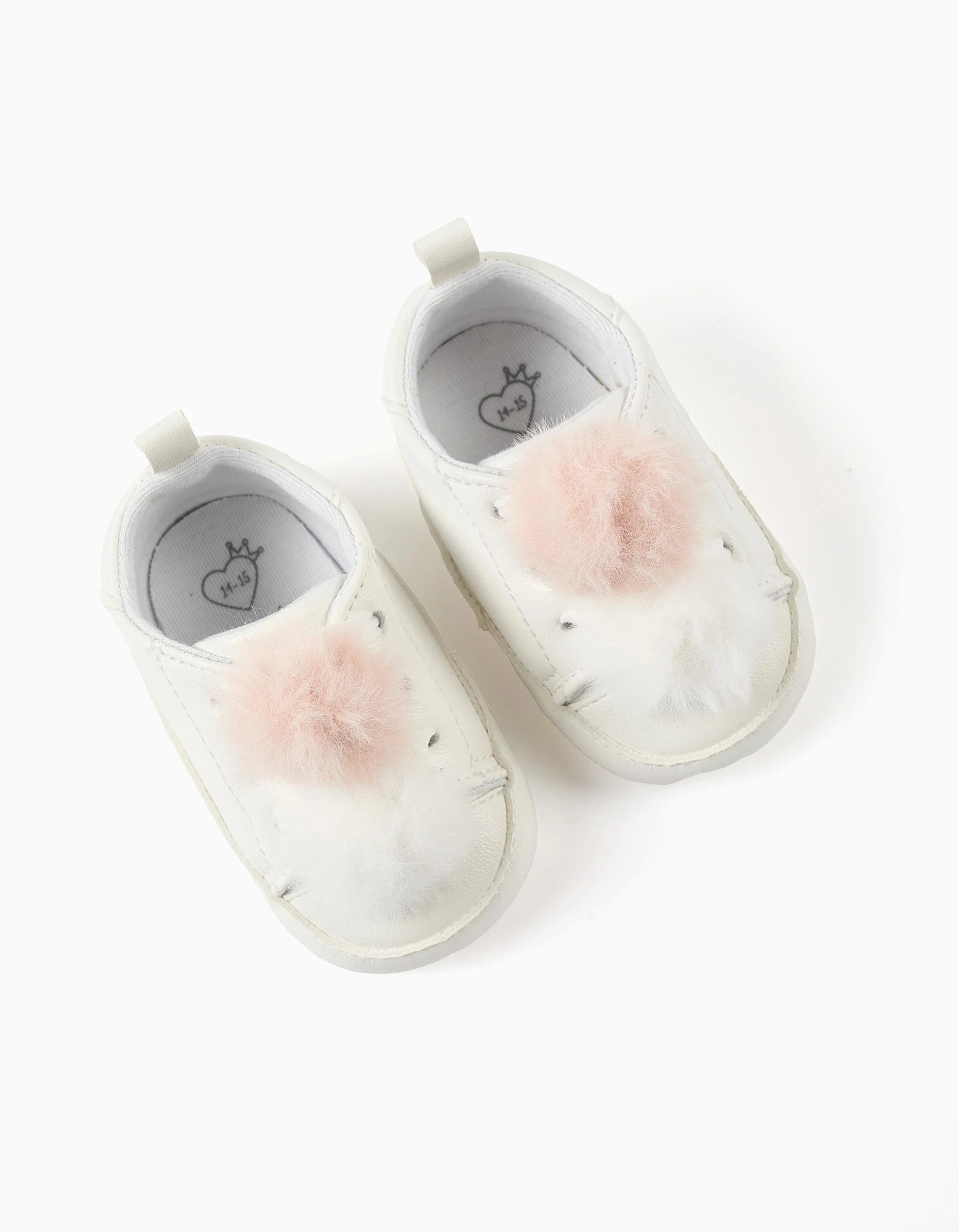 Trainers with Pompons for Newborn Girls, White/Pink - Image 3