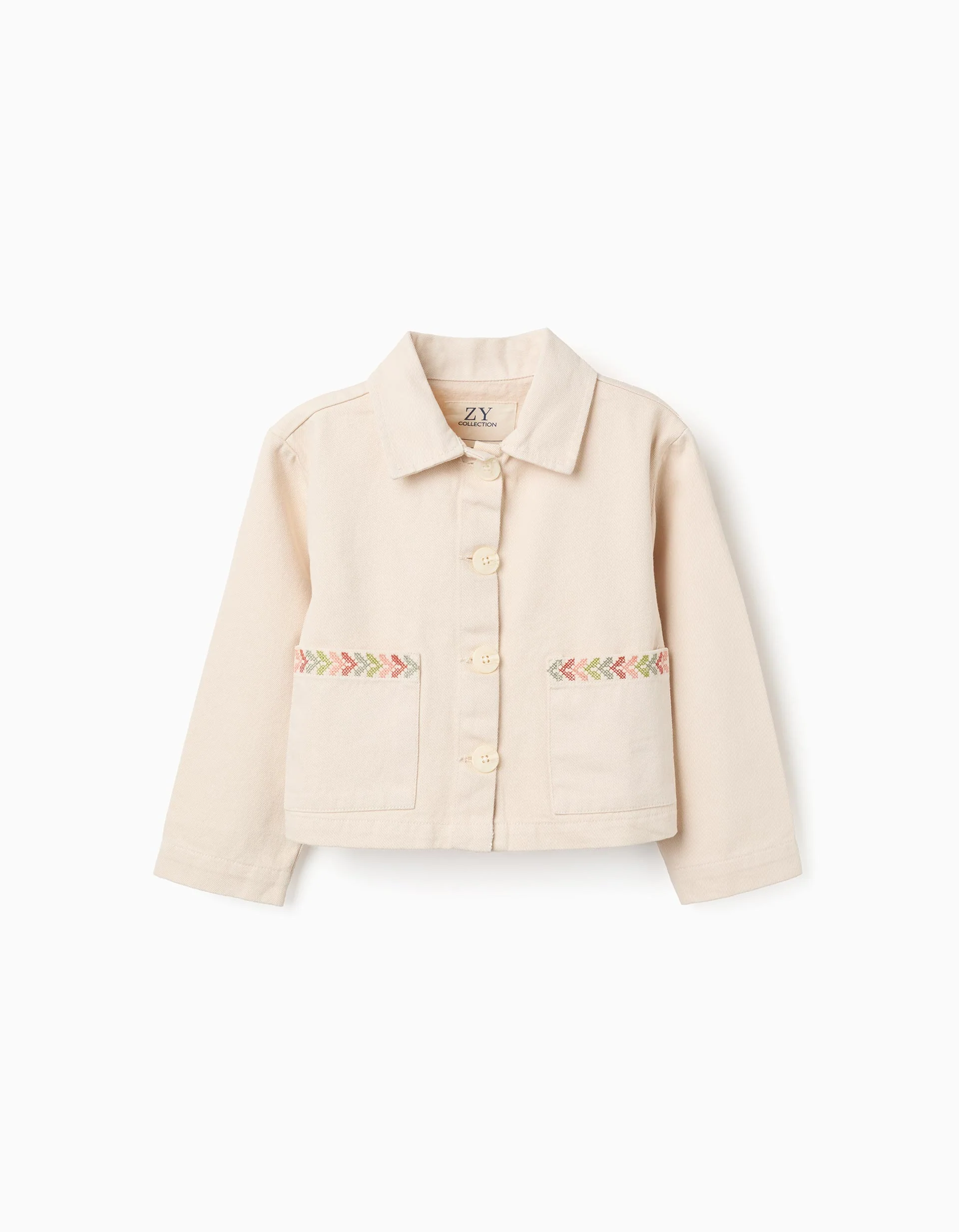 Twill jacket with cross-stitch embroidery for girls, light beige