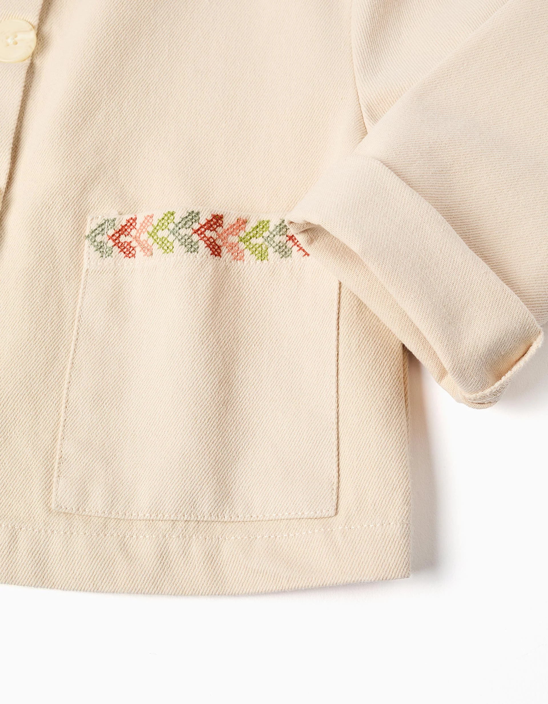 Twill jacket with cross-stitch embroidery for girls, light beige - Image 4