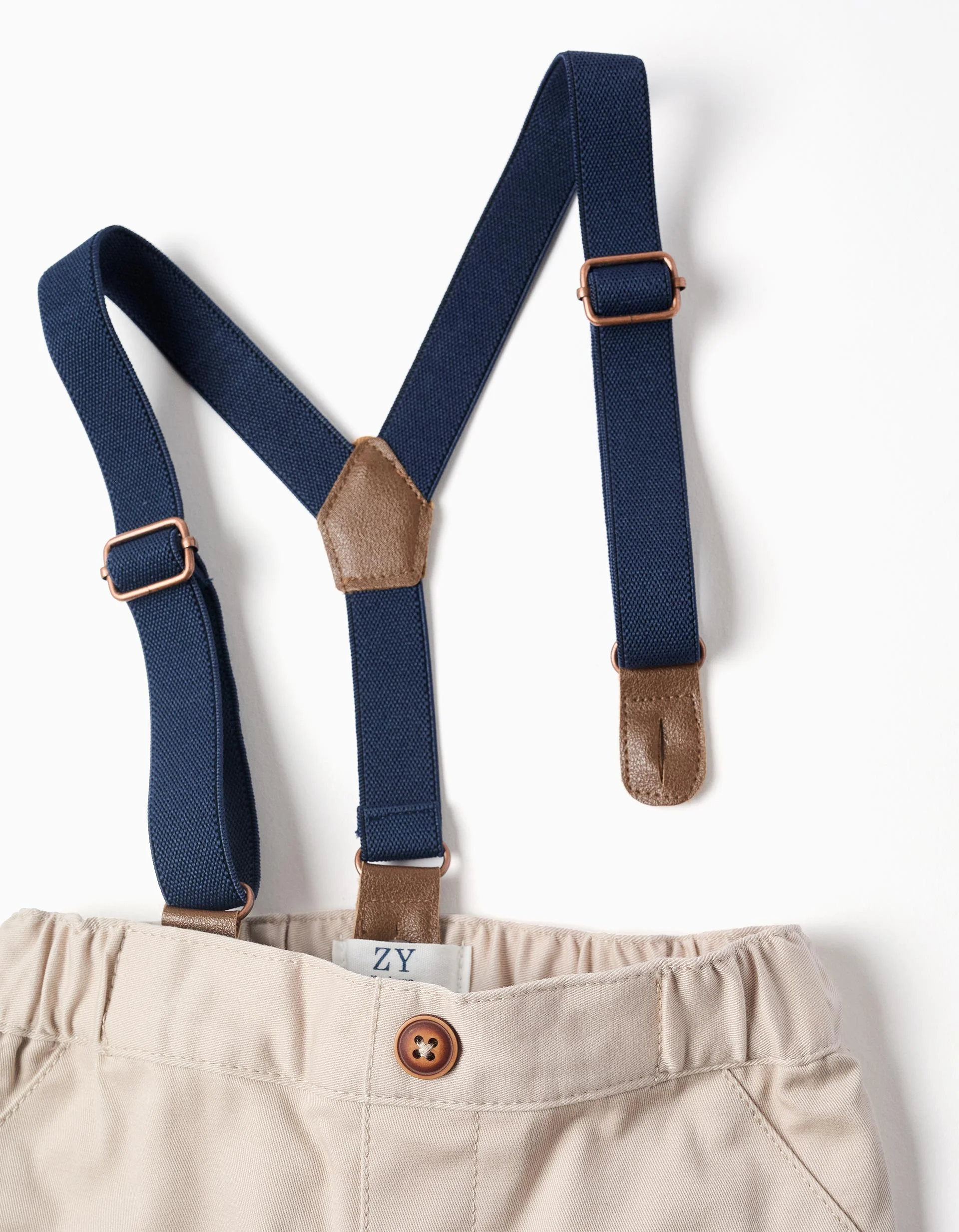 Twill Trousers with Removable Straps for Newborns, Beige - Image 3