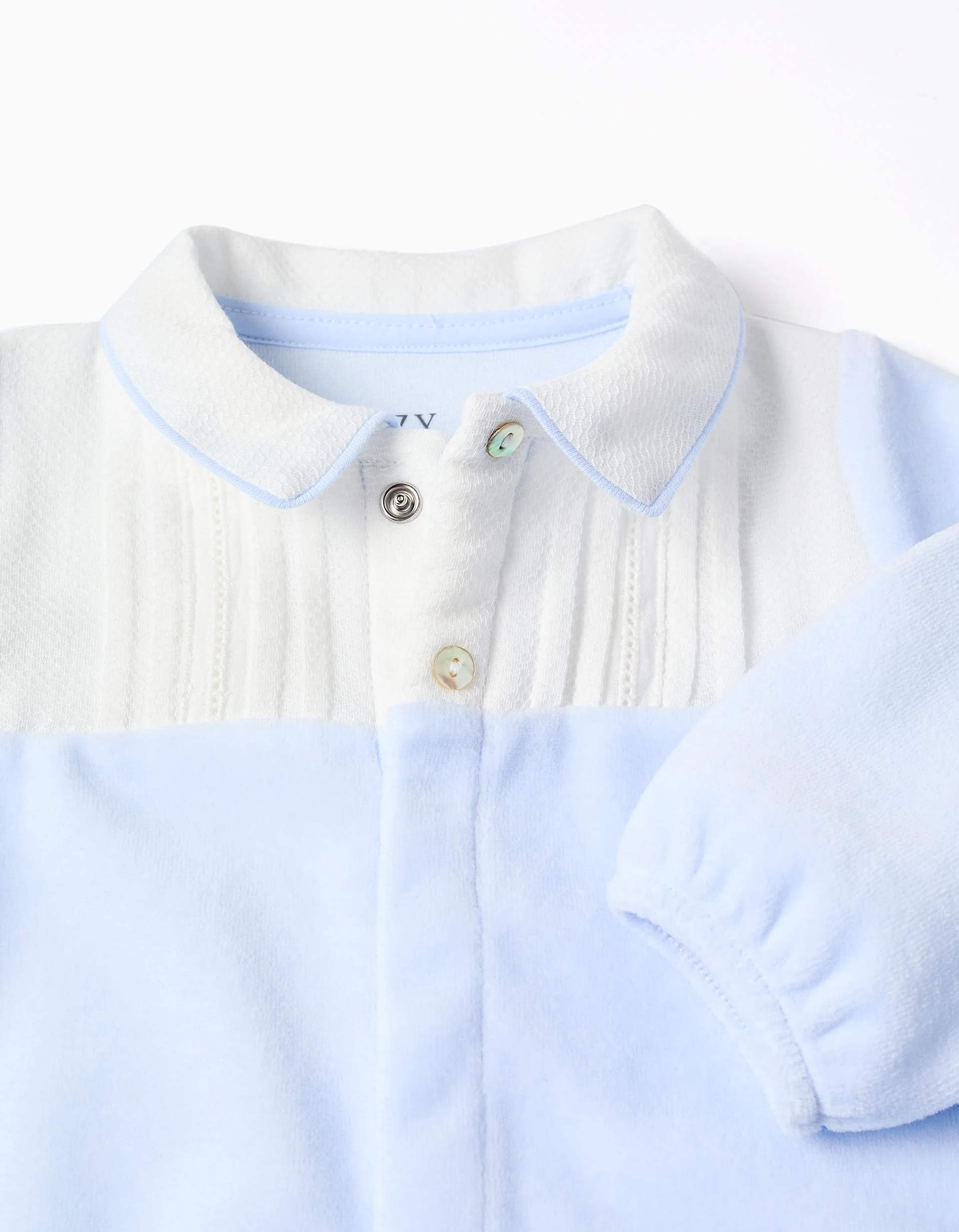 Velours Sleepsuit with Pleated Detail for Newborns, Blue - Image 3