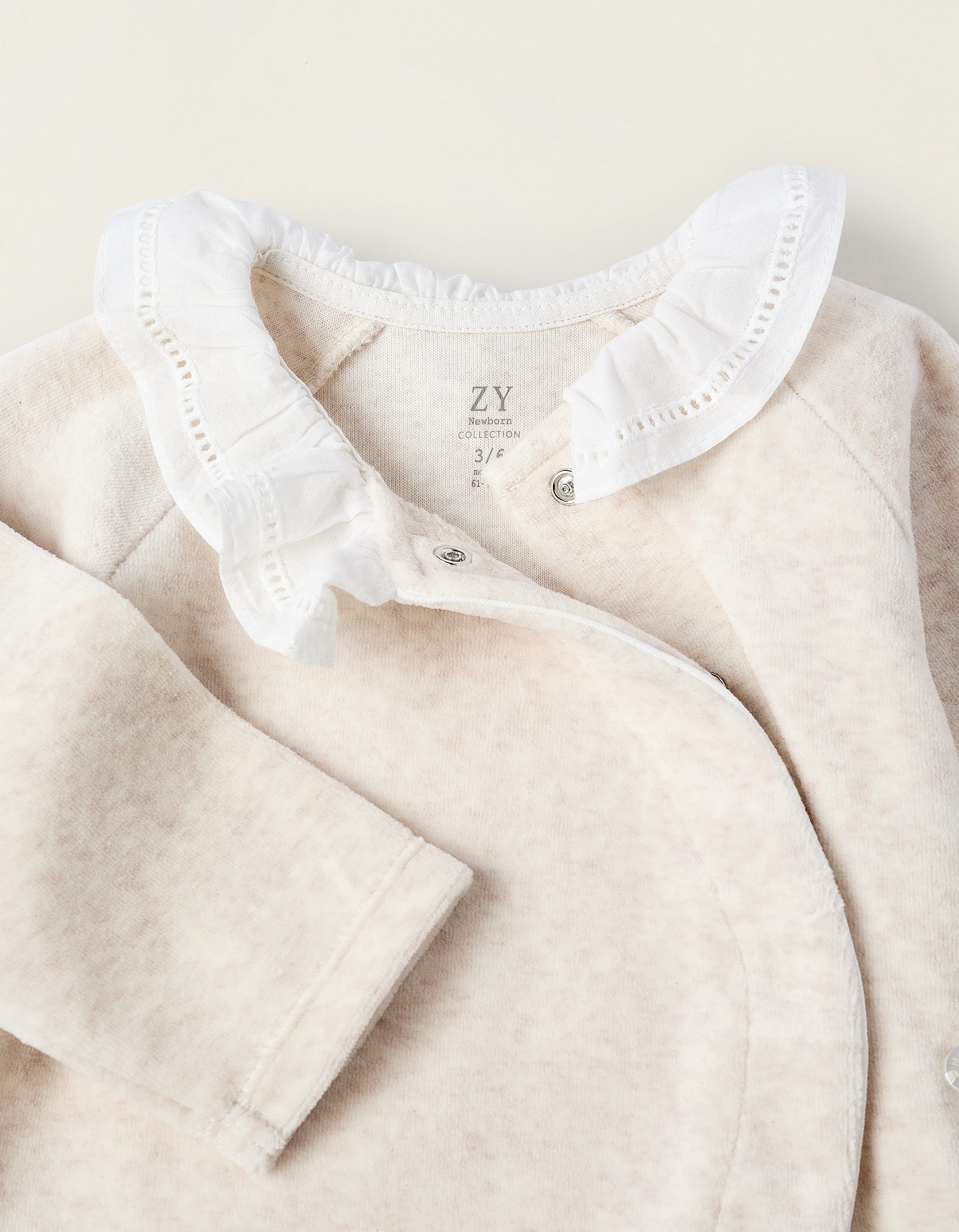 Velours Sleepsuit with Ruffle Collar for Newborn Girls, Beige - Image 3