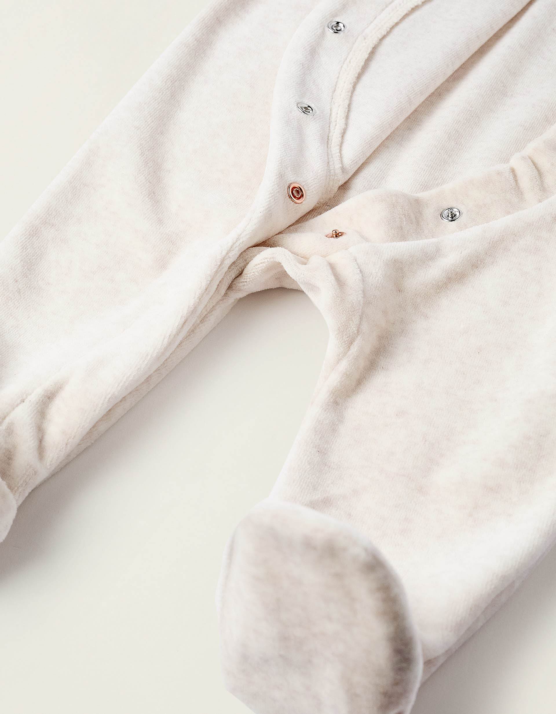 Velours Sleepsuit with Ruffle Collar for Newborn Girls, Beige - Image 4