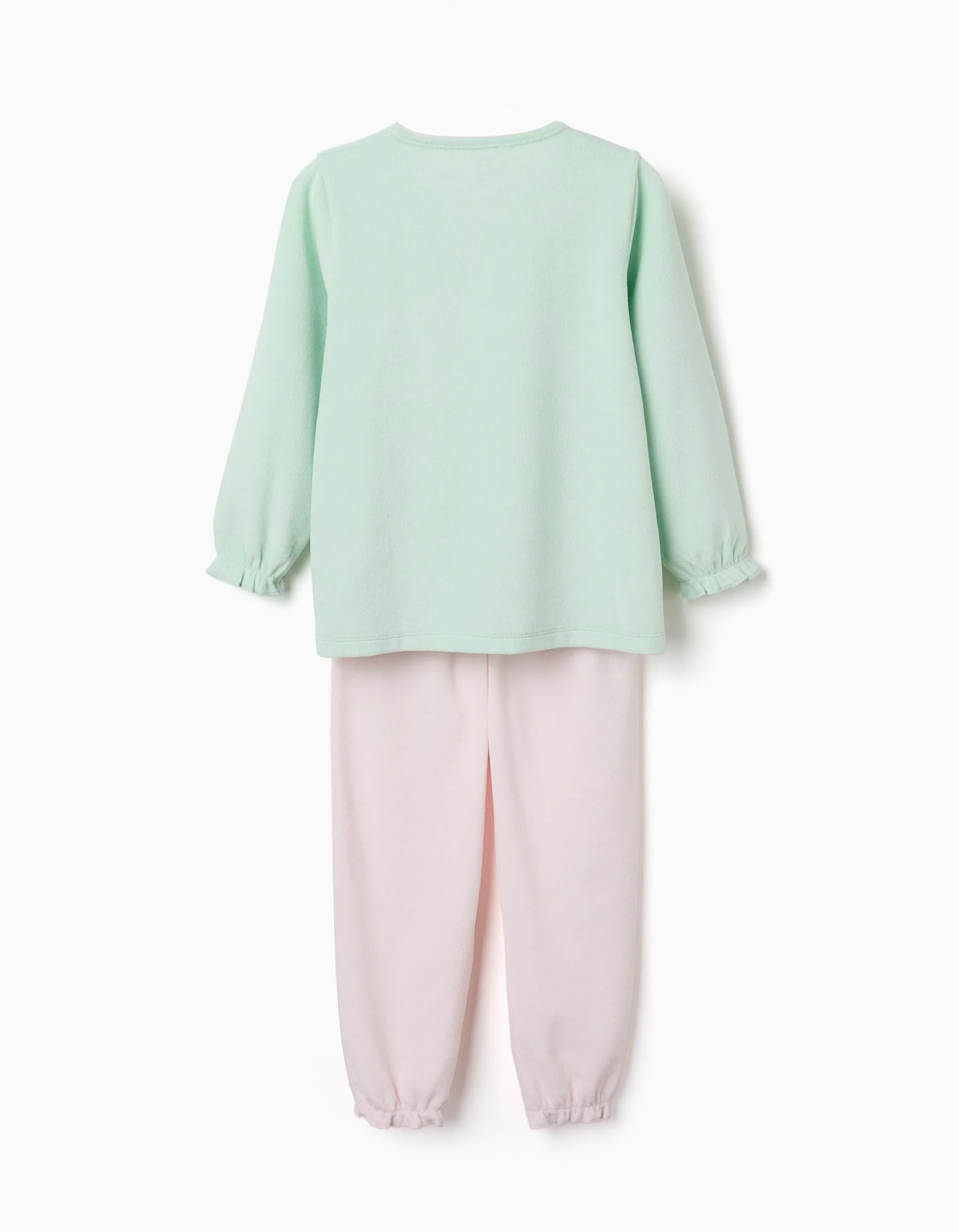Velvet pyjamas with ruffles and prints for girls, light green/pink - Image 2