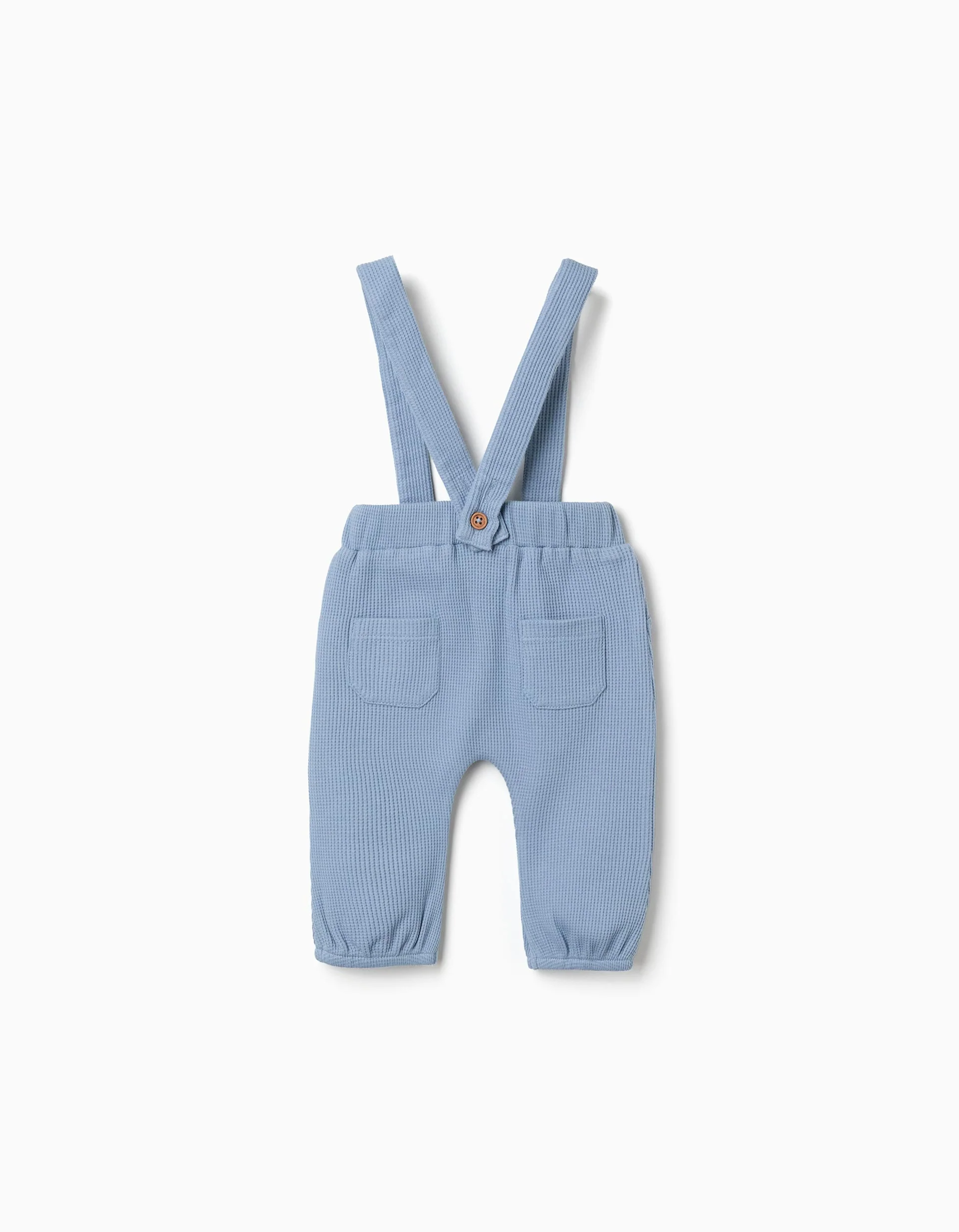 Waffle‑textured cotton trousers with straps for newborn boys, blue - Image 2