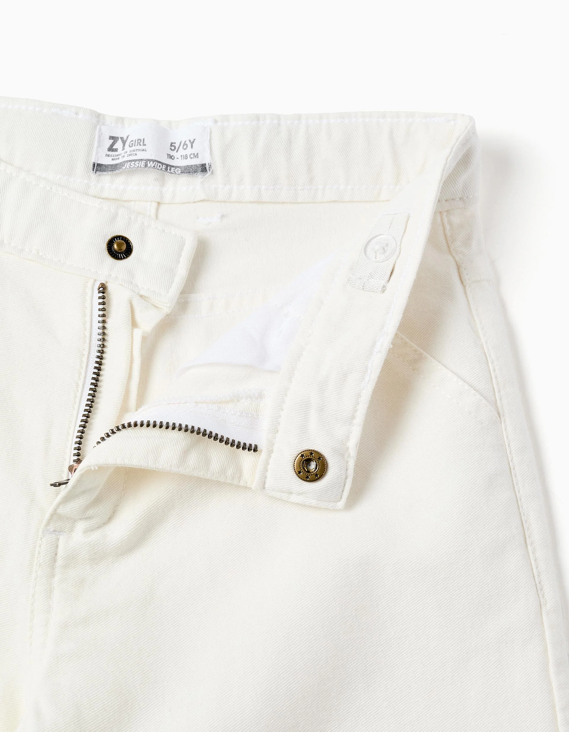 Wide leg twill trousers with broderie anglaise for girls, light beige - Image 3