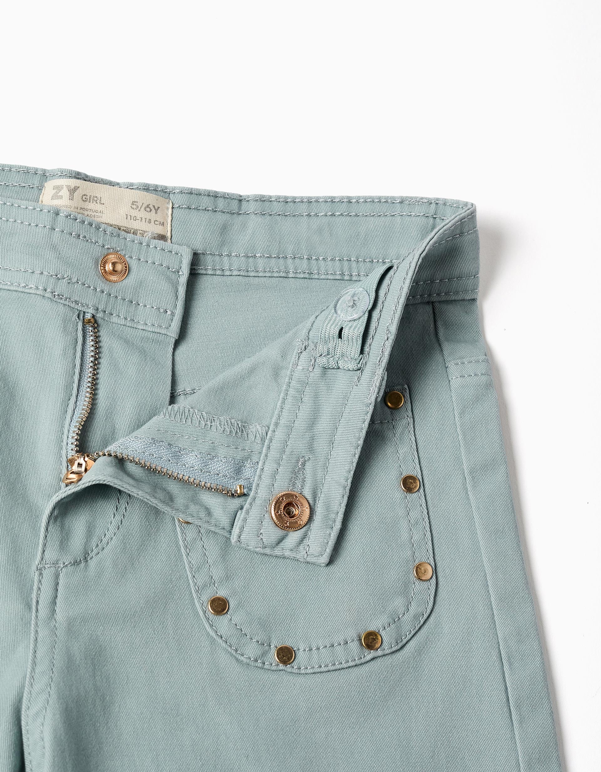 Wide leg twill trousers with decorative studs for girls, light green - Image 3